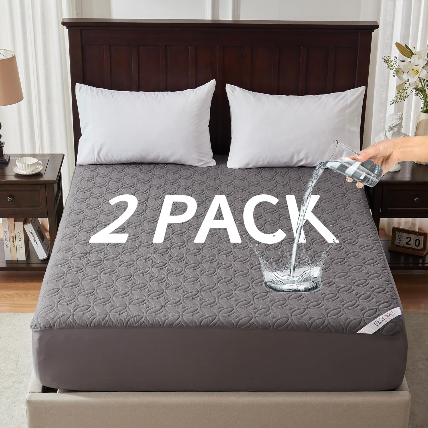 BEDLORE 2 Pack Waterproof Mattress Protector, Twin XL Size Mattress Pad with Deep Pocket 6″-15″ Depth, Soft Breathable Bed Mattress Cover for Bedroom, College Dorm (Gray)
