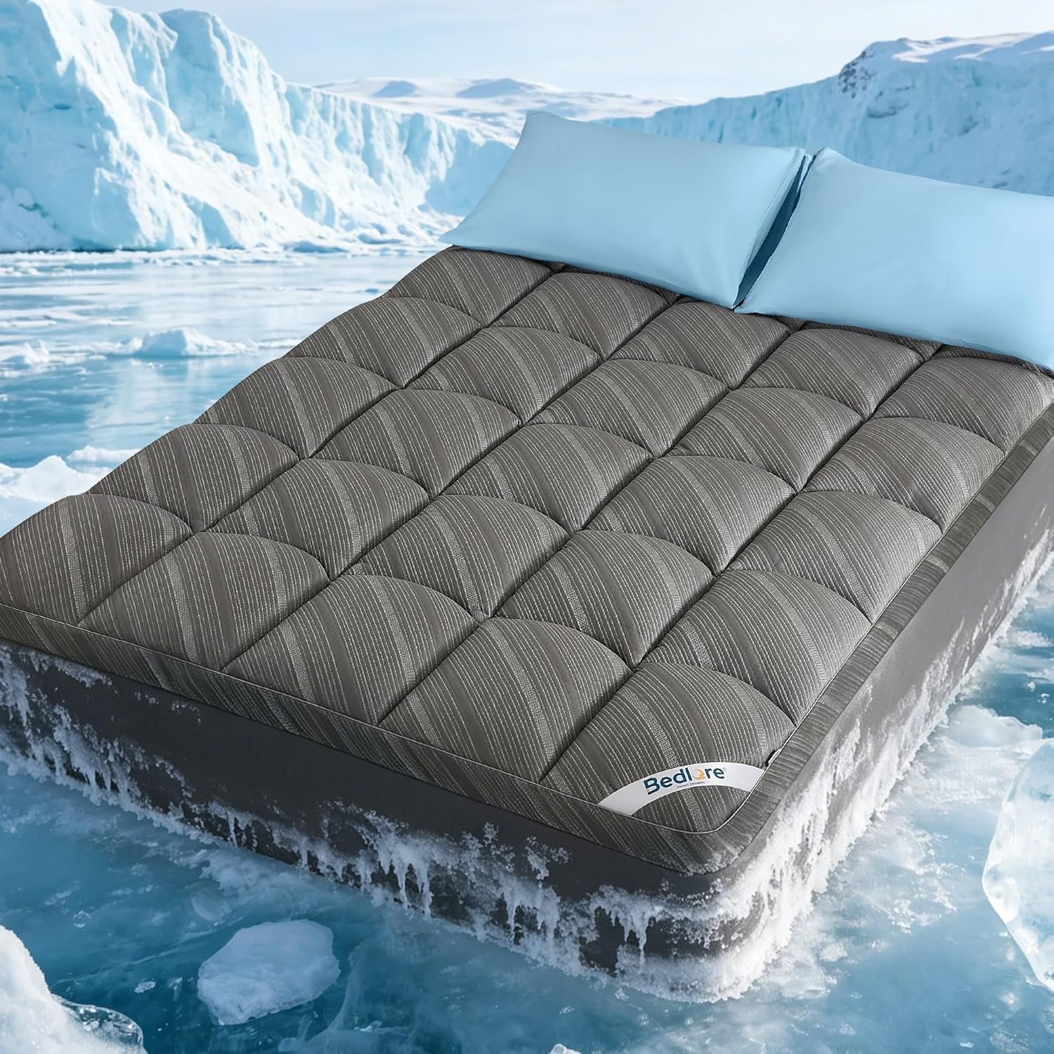 Bedlore Queen Cooling Mattress Topper for Hot Sleepers, Soft Fluffy Pillow Top Mattress Pad, Breathable Noiseless for Back Pain Relief, Washable, Deep Pocket Fits 6″-18″, Grey