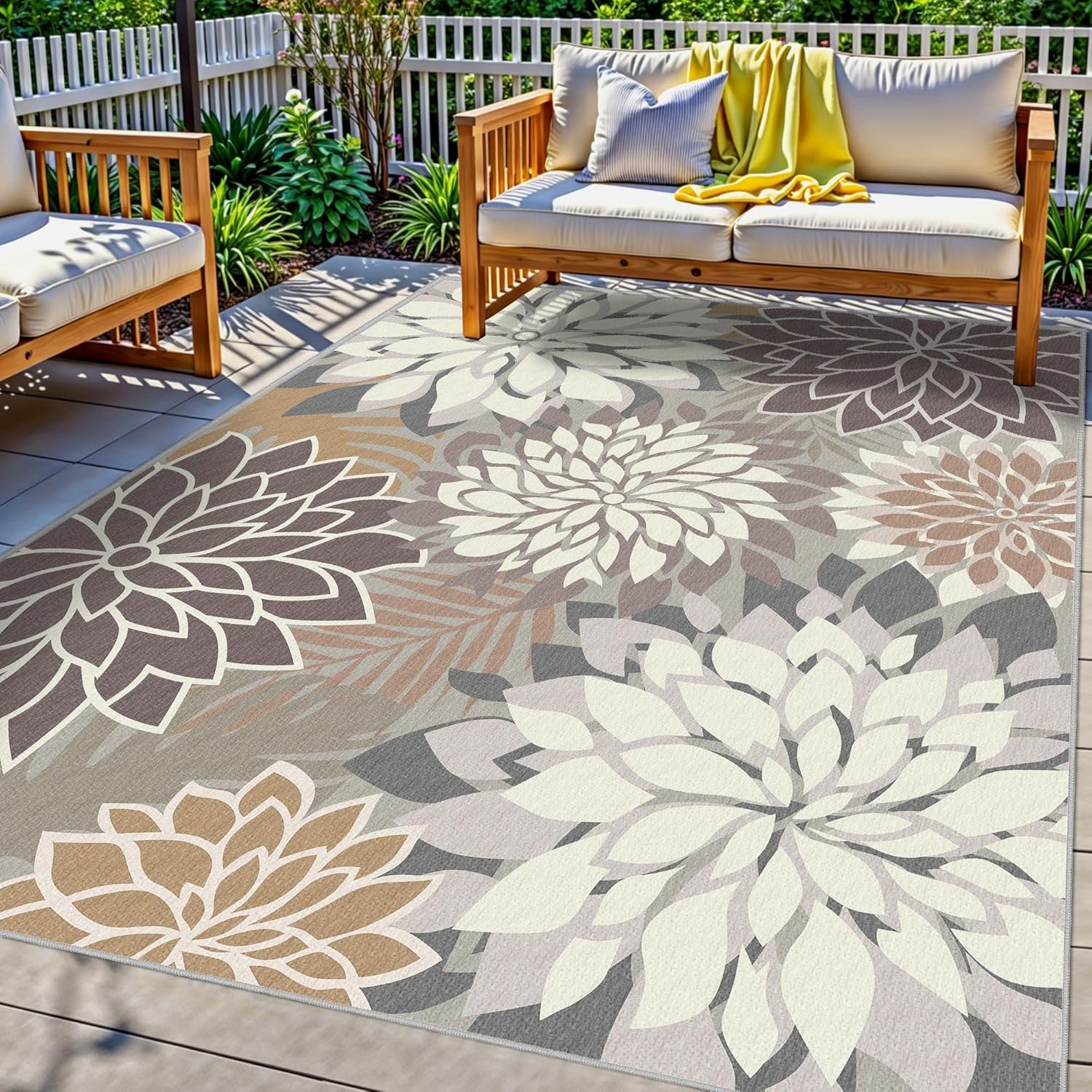 3×5 Washable Rug for Living Room Tropical Botanical Modern Floral Chenille Area Rugs Low Pile Non Slip Carpet for Patio, Bedroom, Laundry, Taupe