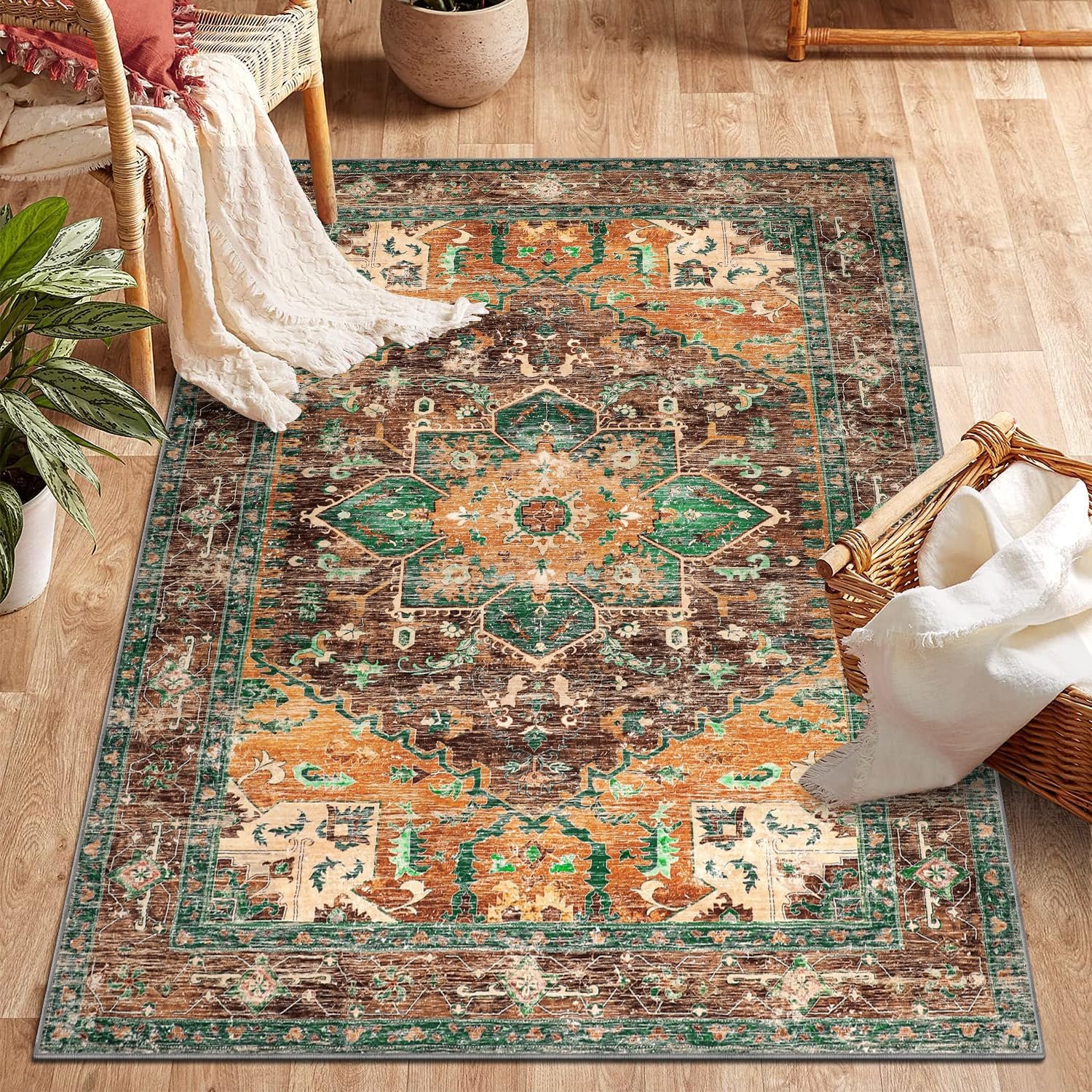 Yamaziot Washable Area Rug for Bedroom, 3×5 Non-Slip Boho Vintage Living Room Rug with Rubber Backing, Low Pile Faux Wool Soft Distressed Rug Floor Carpet for Living Room, Laundry, Kid Playroom