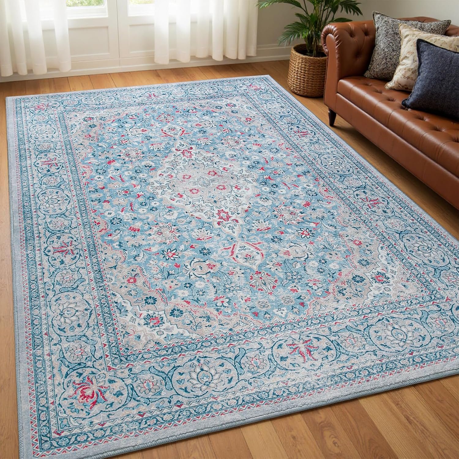 Goideal Washable Rug 5×7, Blue Area Rugs Non Slip, Indoor Low Pile Carpet with Rubber Backing for Living Room Kitchen Bathroom Entryway Office Bedroom