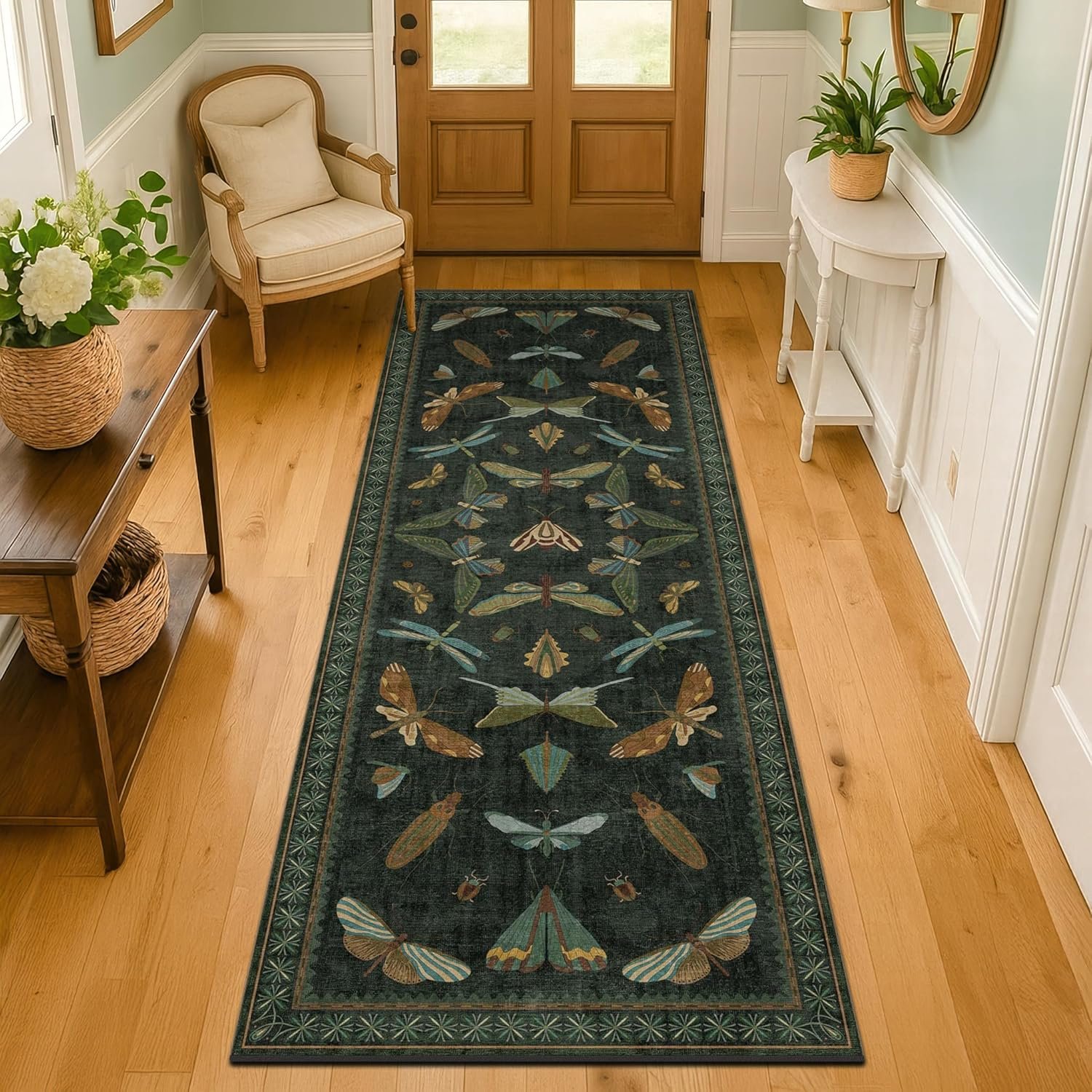 Hazo Haus Washable Insect 2×6 Runner Rug for Hallway- Stain Resistant Kitchen Runners, Floral Whimsical Indoor Floor Mat for Bathroom, Soft Non Slip with Rubber Backed, Dark Green