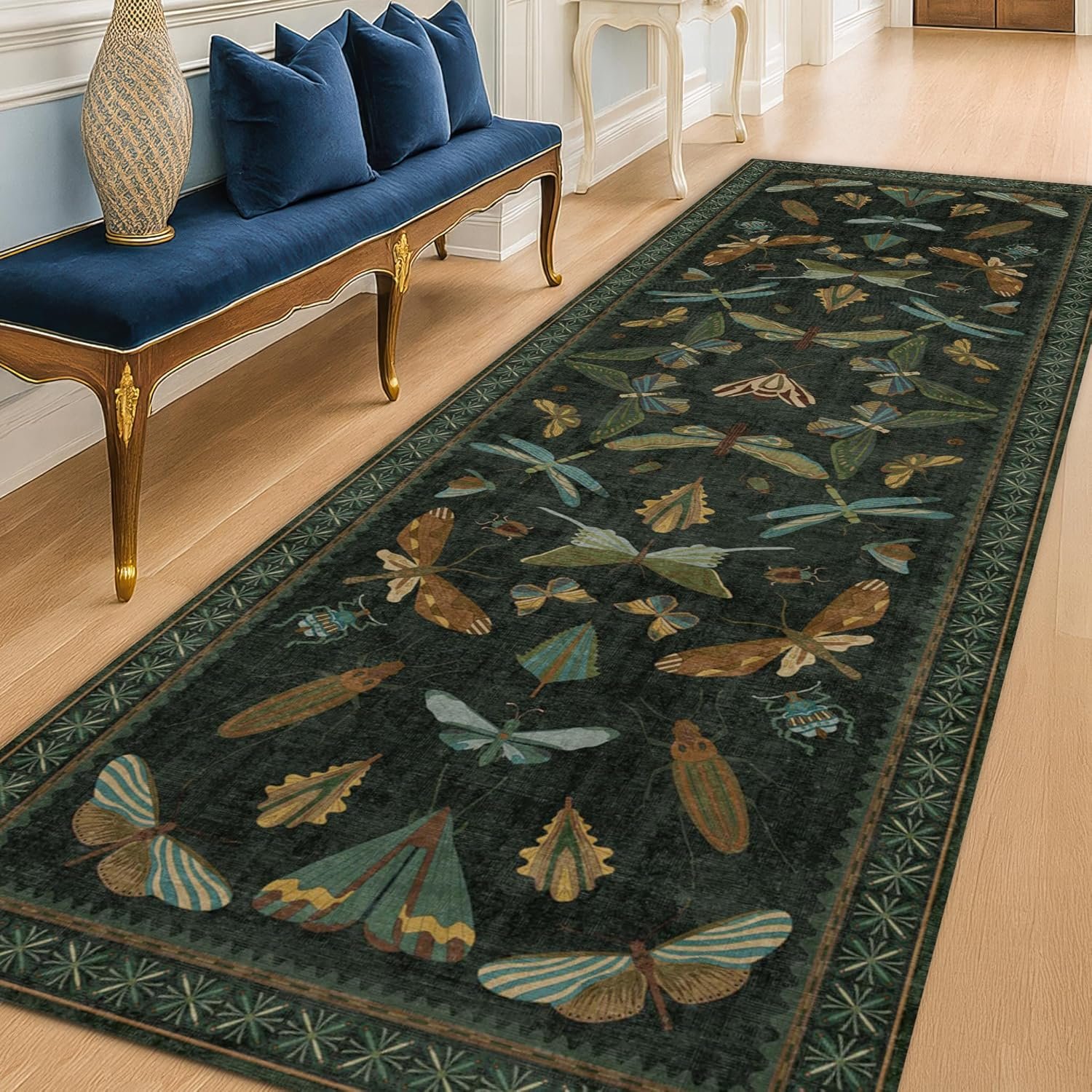Hazo Haus 8 ft Long Hallway Runner Rug – Boho Green Rug for Kitchen Floor, Entrance Indoor, Washable Wide Runner Non Slip, Dark Green 2’6”x8′