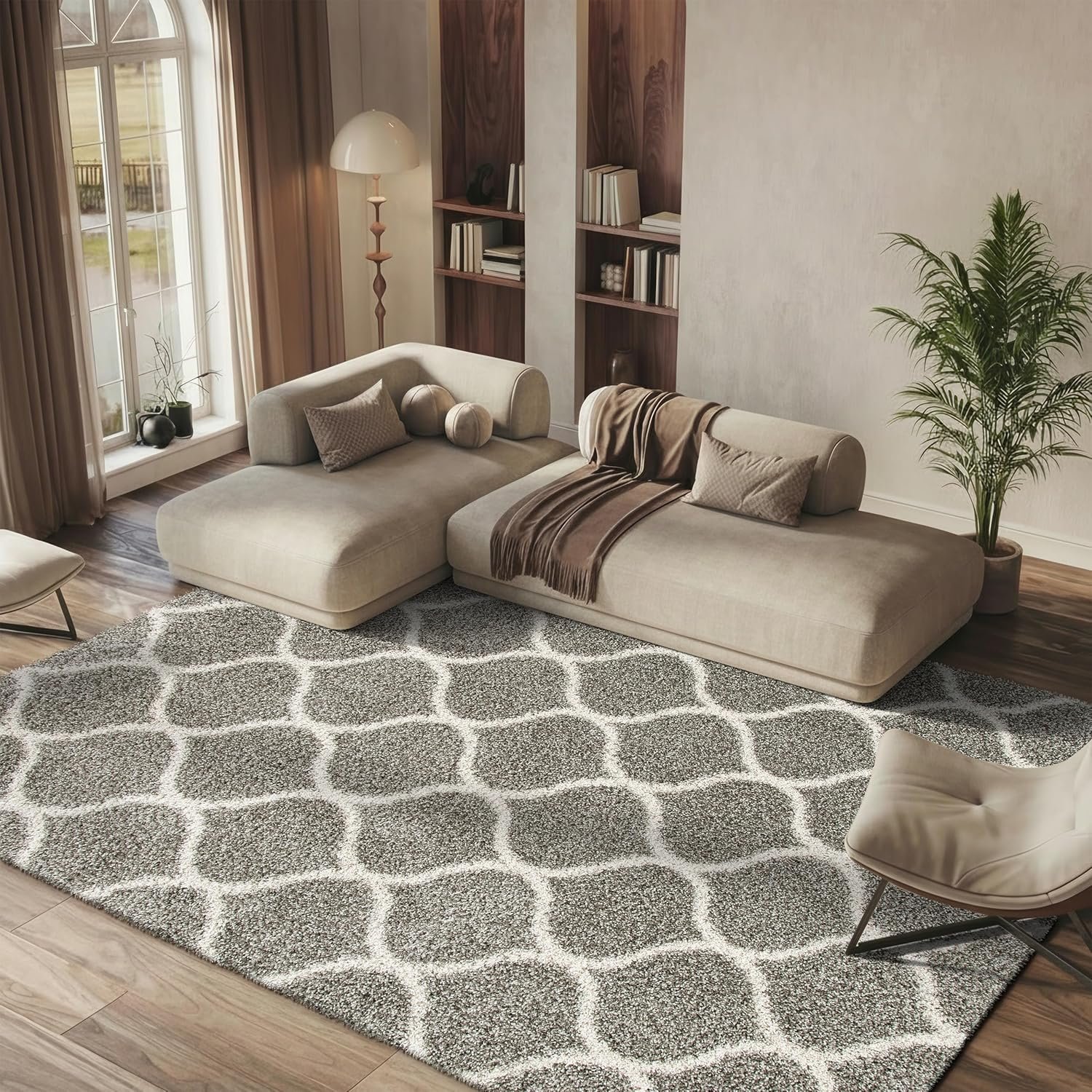 SAFAVIEH Hudson Shag Collection Area Rug – 5’3″ x 7’6″, Grey & Ivory, Moroccan Trellis Design, Non-Shedding & Easy Care, 2-inch Thick Ideal for High Traffic Areas in Living Room, Bedroom (SGH280B)
