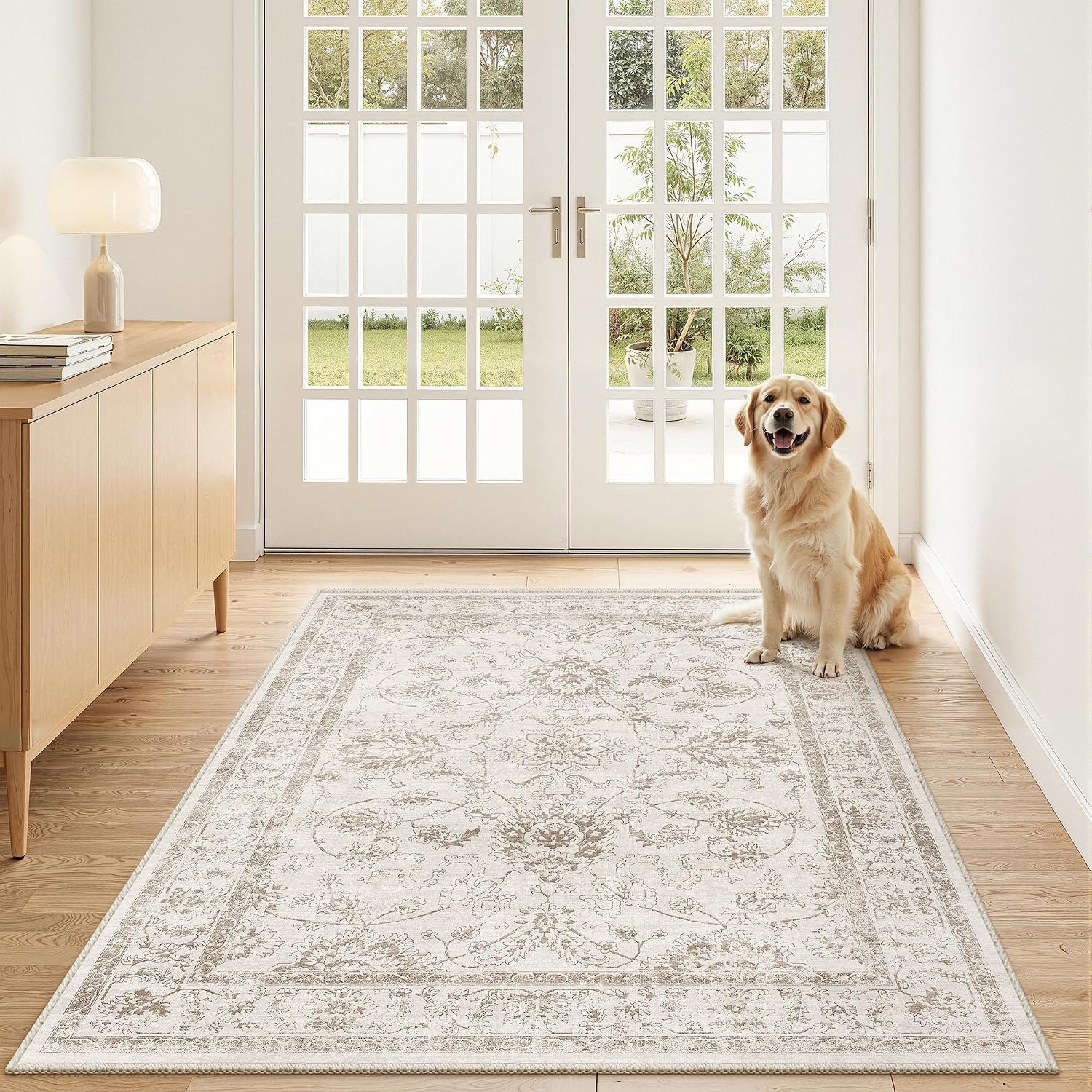 Madane 3×5 Area Rugs for Entryway,Washable Vintage Low Pile Non-Slip Throw Area Rugs, Accent Rug Floral Print Indoor Mat for Bedside Living Room Kitchen Bedroom, Brown/Ivory