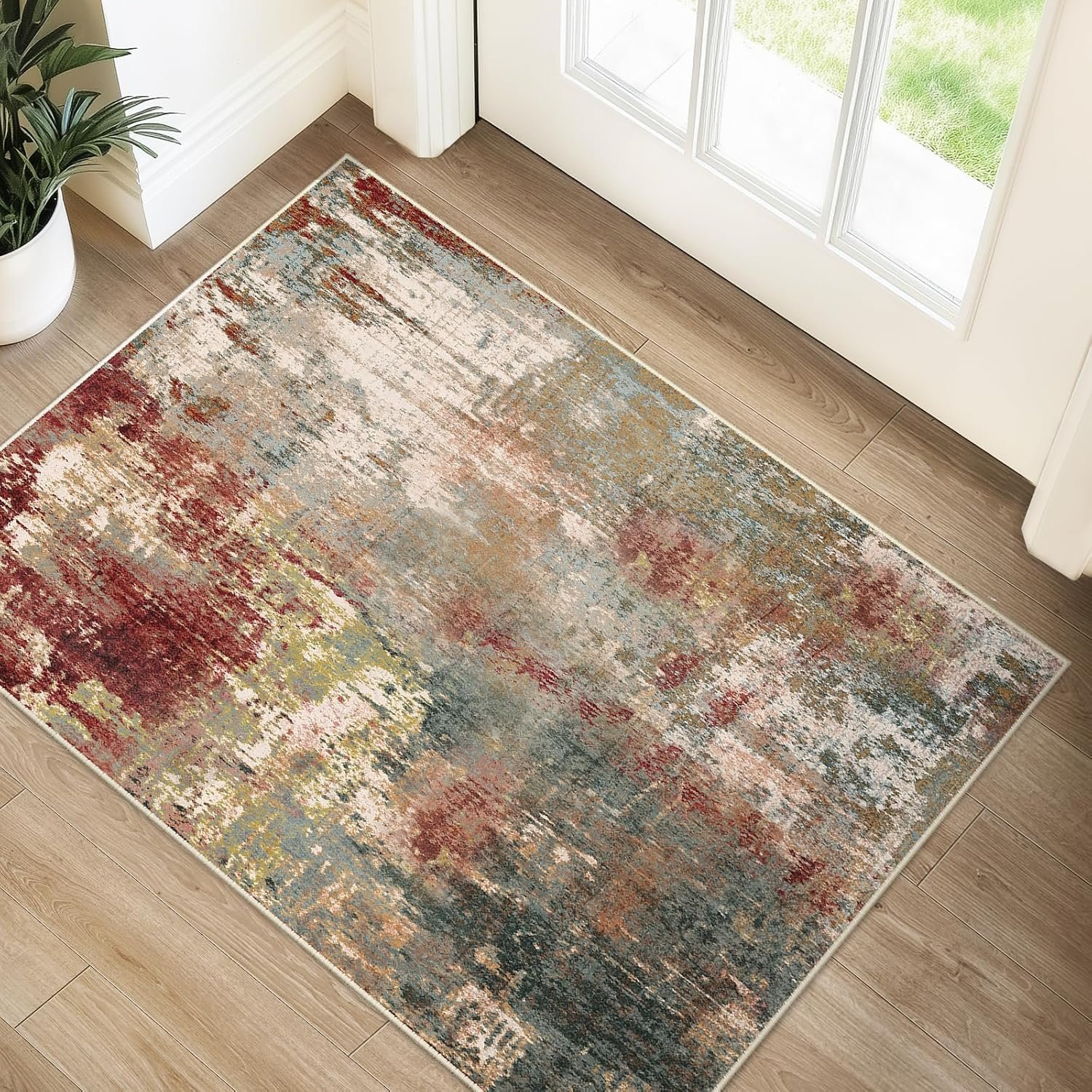 RELEANY Washable Area Rugs 2’x3′ Non-Slip Modern Abstract Soft for Living Room Entryway Bedroom Kitchen, Print Pattern, Brown Rust Red Green Blue Multi