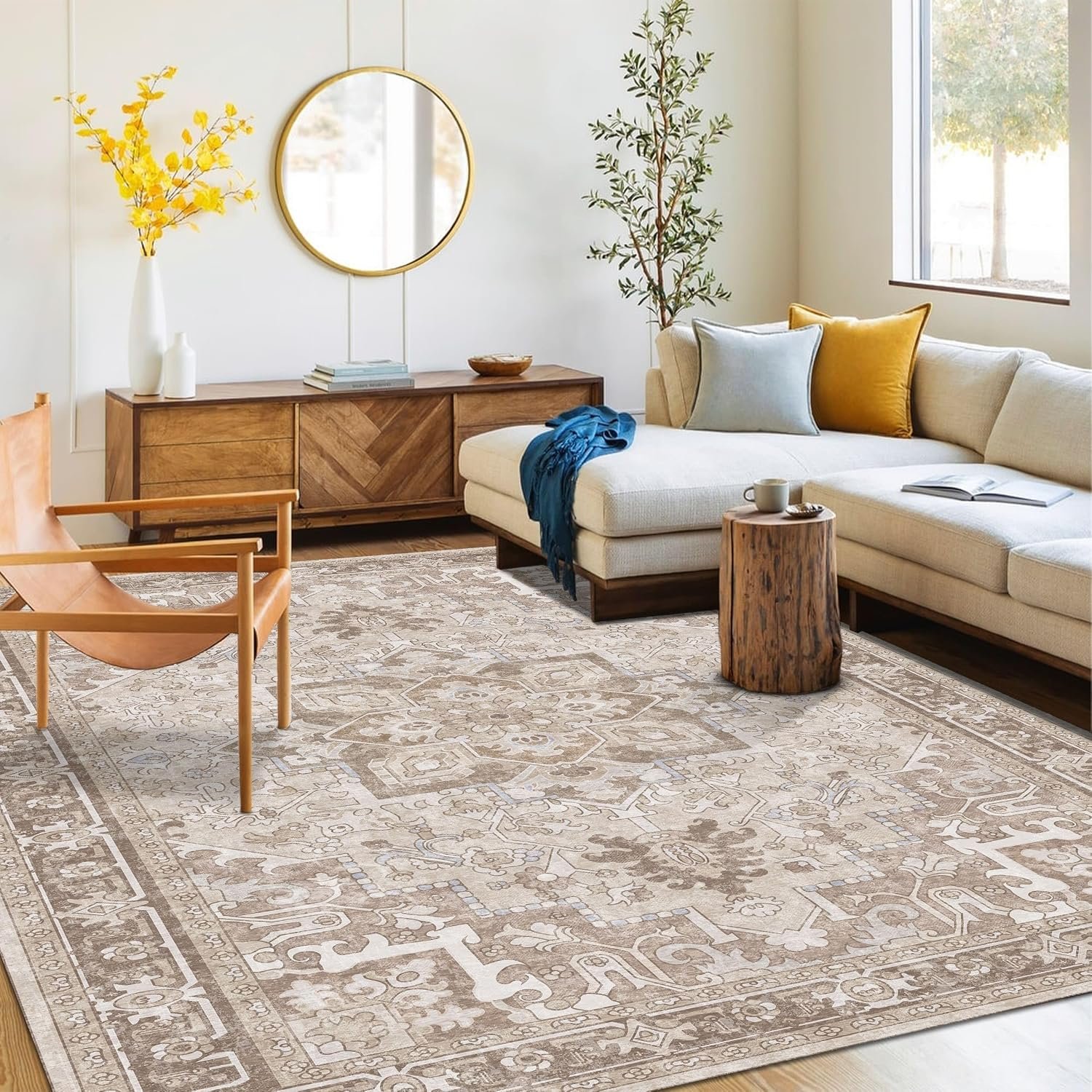 Washable Area Rug 5×8 | Non Slip Area Rug for Living Room, Bedrooms, Dining Room | Ultra-Soft Flannel Carpet Area with Rubber Backing (Sand, 5×8)