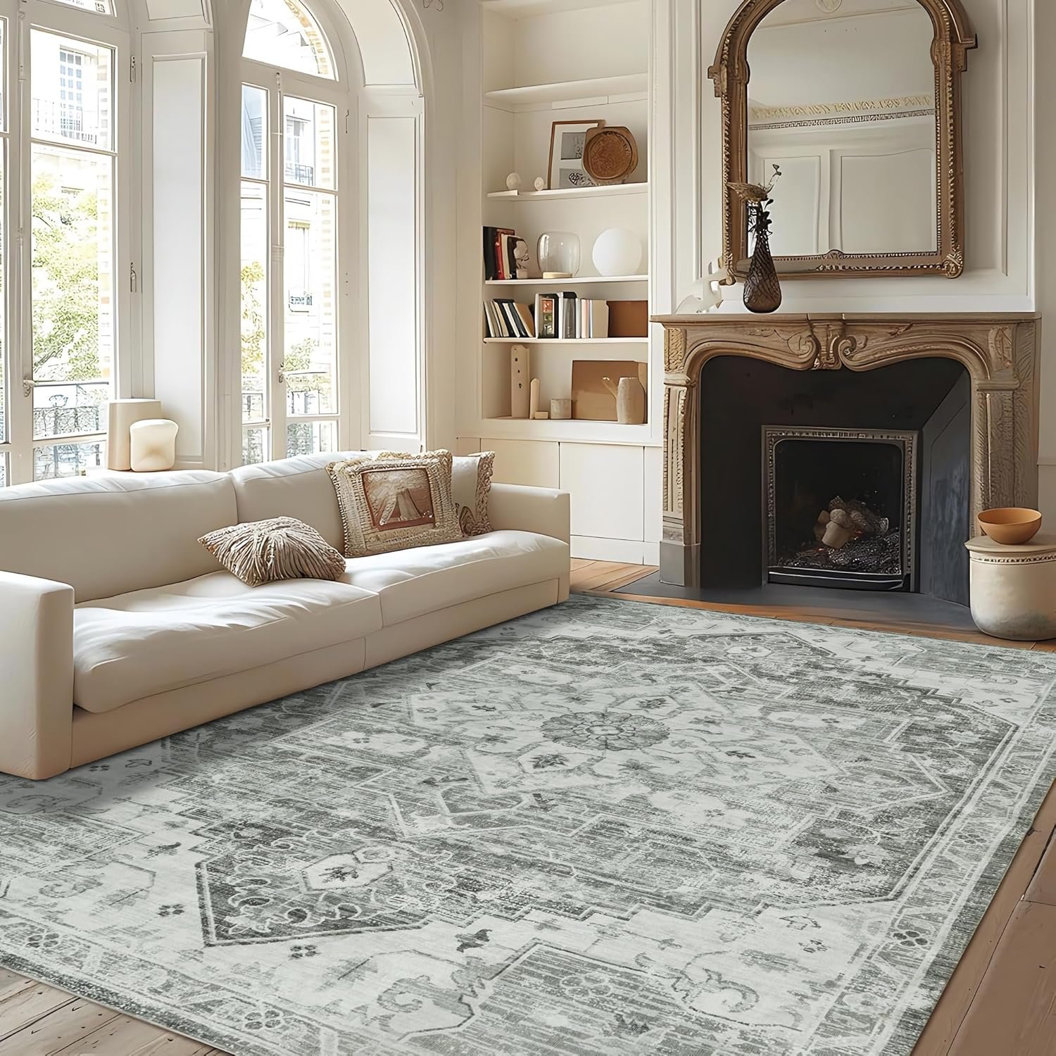 Syalife 3×5 Washable Area Rug, Ultra Soft Non-Slip, Low Pile, Stain Resistant Vintage Area Rug for Living Room, Boho Carpet for Bedroom, Dining Room, Office, Foldable Entryway Rugs, I009-FG30 Grey
