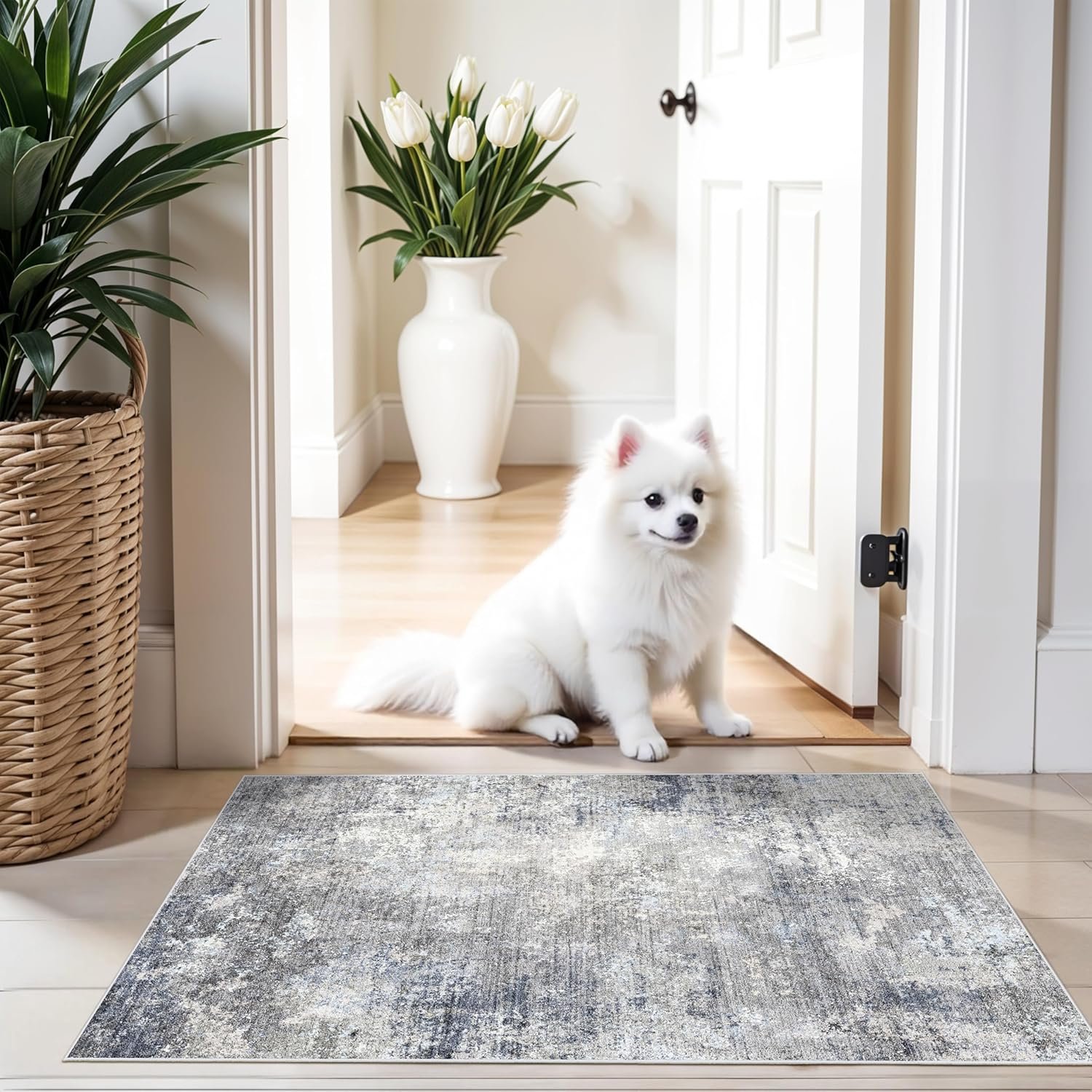 2×3 Washable Non-Slip Rug – Modern Abstract Neutral Small Throw Area Rug for Kitchen, Entryway, Bedroom – Soft Low Pile Thin Indoor Door Mat（Blue Grey,2×3）