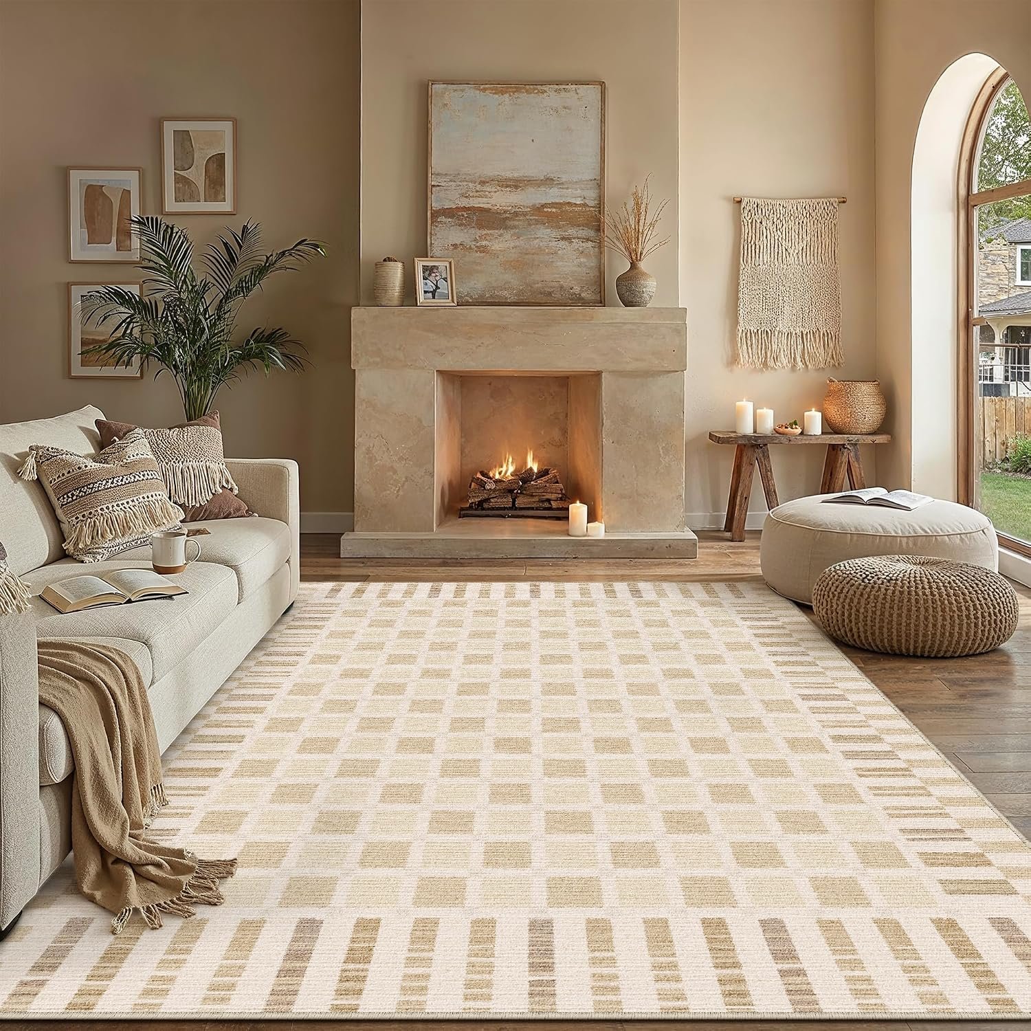 PureCozy Machine Washable Beige 8×10 Area Rugs for Living Room Modern Soft Large Checkered Rug Non-Slip Low Pile Accent Indoor Office Carpet for Bedroom Dining Room Nursery Classroom