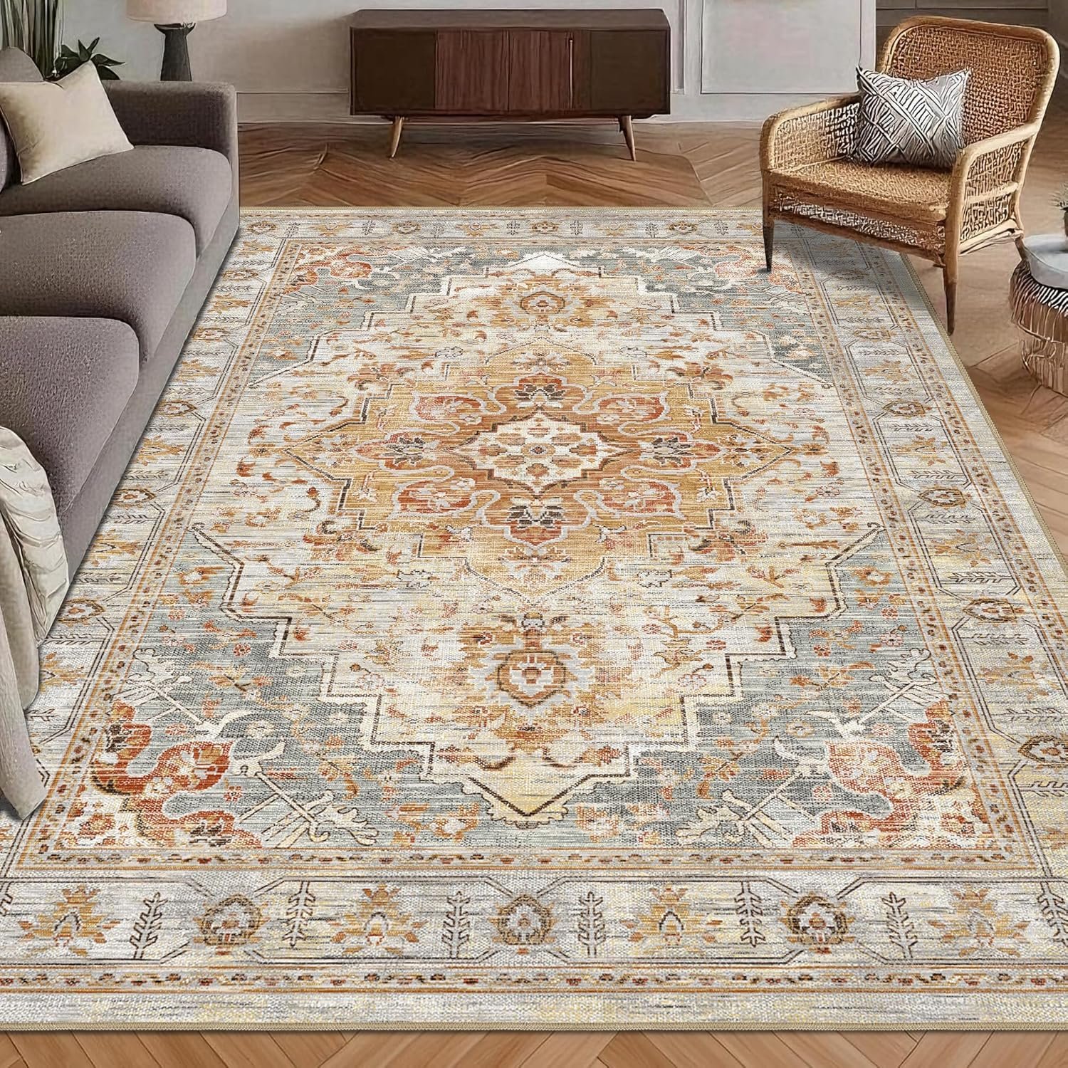 Washable Area Rug 5′ x 7′ Vintage Traditional Persian Mat – Foldable Distressed Non-Slip Machine Washable Carpet for Living Room Bedroom Kitchen Home Decor – Dove Gray and Coral