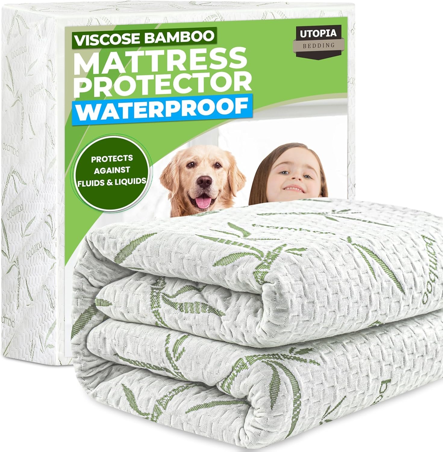 Utopia Bedding Waterproof Mattress Protector Queen Size Bed, Premium 200 GSM Bamboo Viscose Cooling Mattress Cover, Soft and Breathable, Fitted Style with 17 Inches Deep Stretchable Pockets