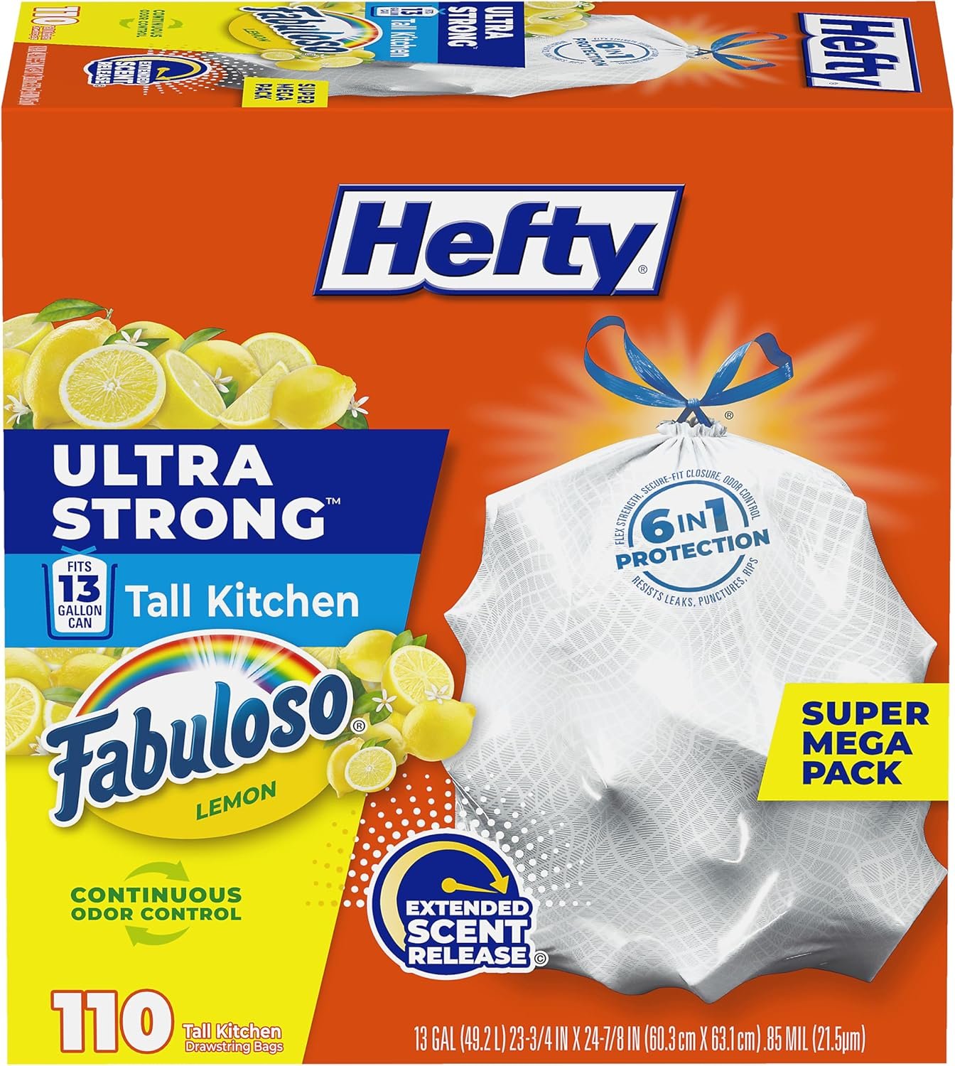 Hefty Ultra Strong 13 Gallon Trash Bags, Tall Kitchen Trash Bags 13 Gallon Size, Resist Leaks, Punctures, and Rips, Continuous Odor Control, White, Fabuloso Lemon Scent, 110 Bags
