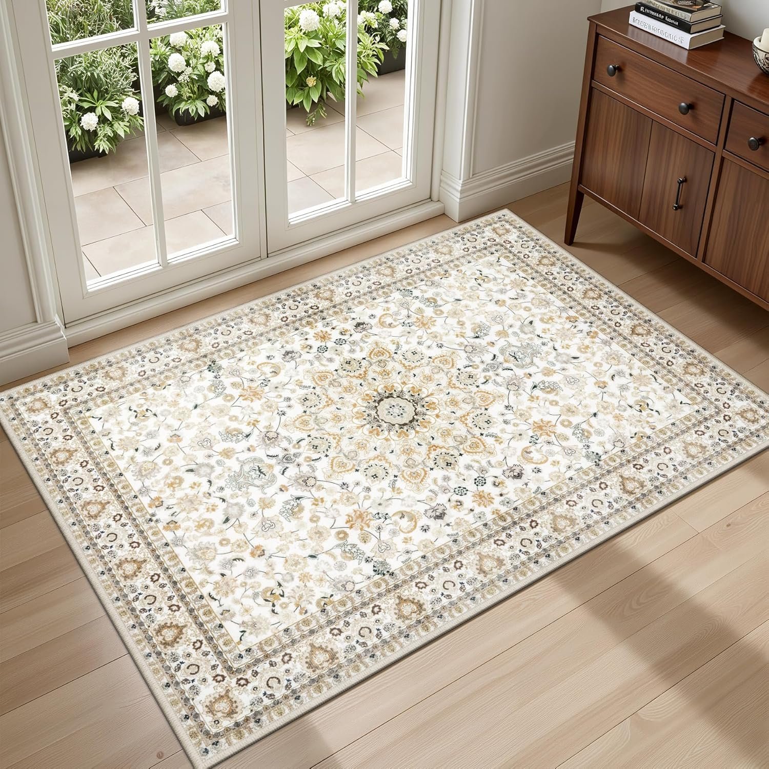 2×3 Area Rugs Living Room Rug: Washable Vintage Boho Rug No Slip Stain Resistant Soft Carpet Indoor Floor Floral Large Carpets for Bedroom Dining Room Farmhouse Nursery Hallway Home Office Beige