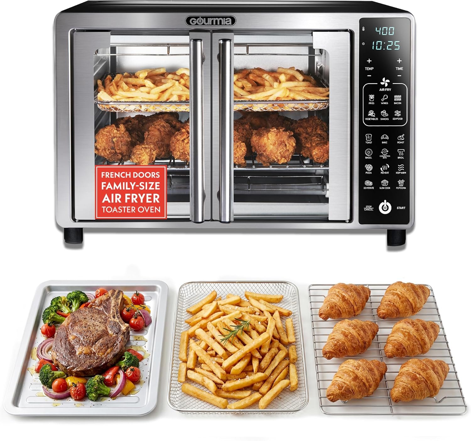 Gourmia Air Fryer French Door Toaster Oven – 6-Slice Capacity, LED Display with 19 Cooking Presets, Stainless Steel