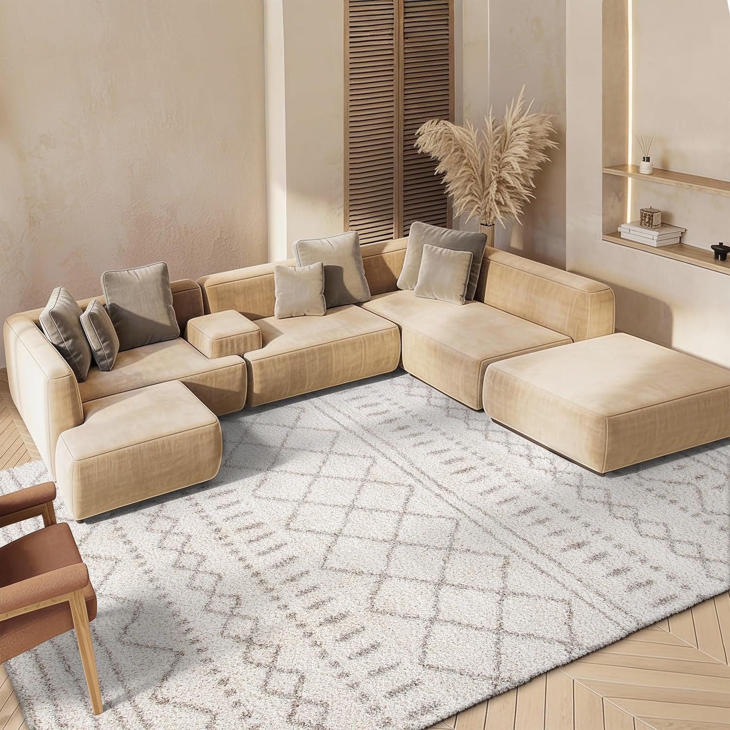 SAFAVIEH Arizona Shag Collection Area Rug – 6’7″ x 9’2″, Ivory & Beige, Moroccan Boho Design, Non-Shedding & Easy to Clean, Ideal for Living Room, Bedroom, Dining Space (ASG741A)