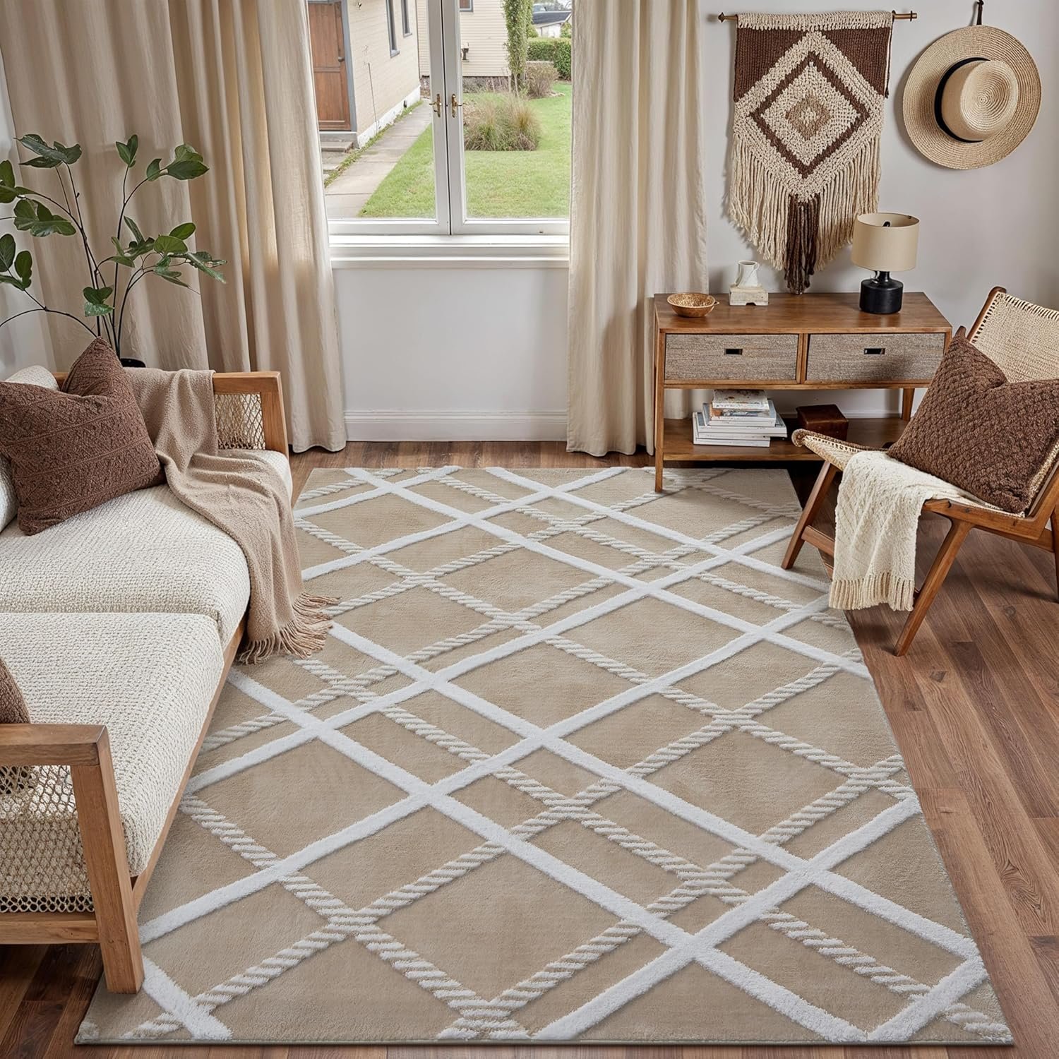 HUGEAR 4×6 Shag Area Rug Small Rug Beige Modern Neutral Medium Plush Pile Entryway Super Soft Throw Rugs Non Slip Non-Shedding Easy Care 0.5-inch Thick for High Traffic Areas in Living Room Bedroom