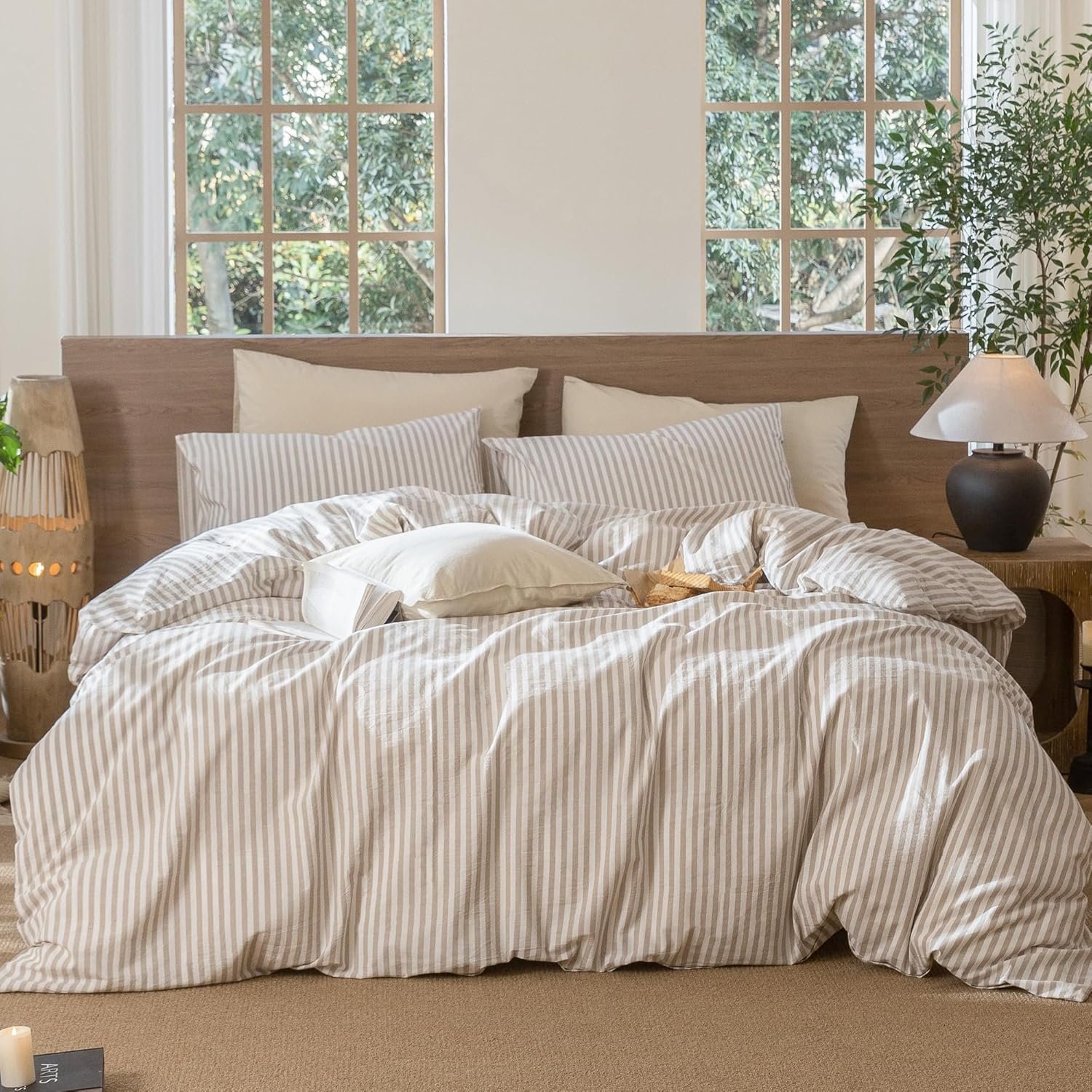MooMee Striped Duvet Cover Set 100% Washed Cotton Linen Like Queen | Relaxed Linen-like Texture. Soft, Breathable & Long-lasting Comfort. Lightweight. Hidden Zipper with 8 Interior Corner Ties
