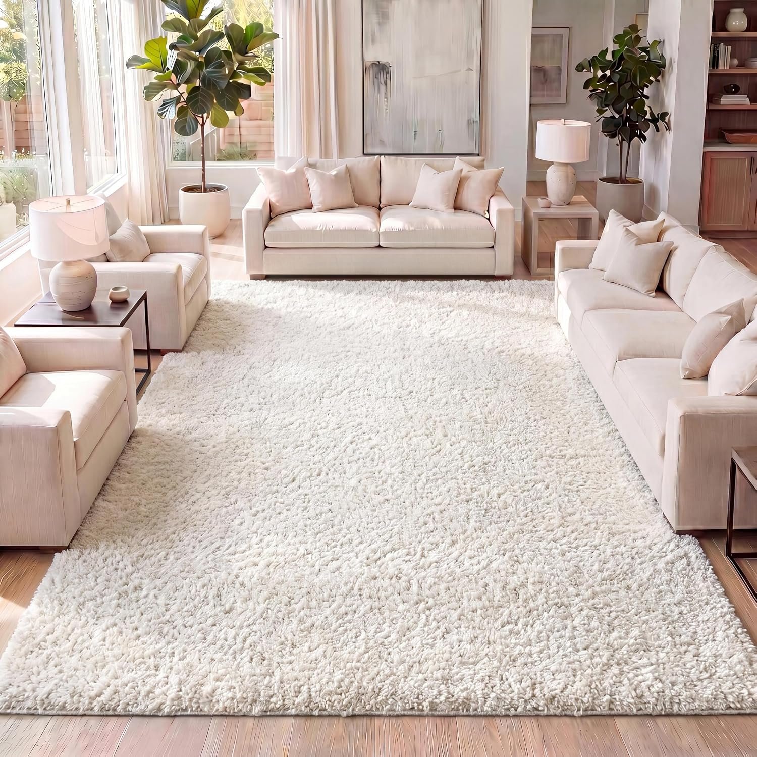 JONATHAN Y Mercer Shag Plush Cream Indoor Area Rug, 5×8, Contemporary, Modern, Easy-Cleaning for Living Room, Bedroom, Kitchen, Pet Friendly, Non-Shedding (MCR106D-5)