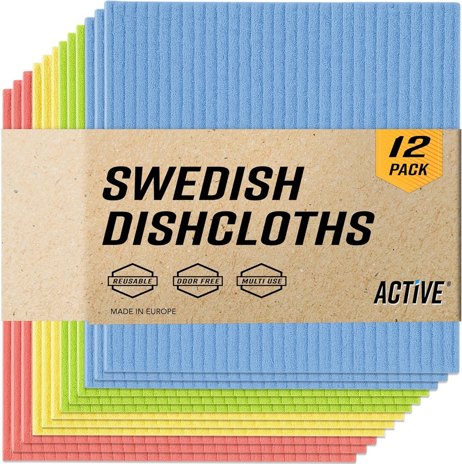 ACTIVE Swedish Dish Cloths for Kitchen 12 Pack Cellulose Sponge Cloth, Washable Dishcloths for Washing Dishes, Original European Dish Towels, Absorbent Reusable Paper Towels – Multicolor Assorted