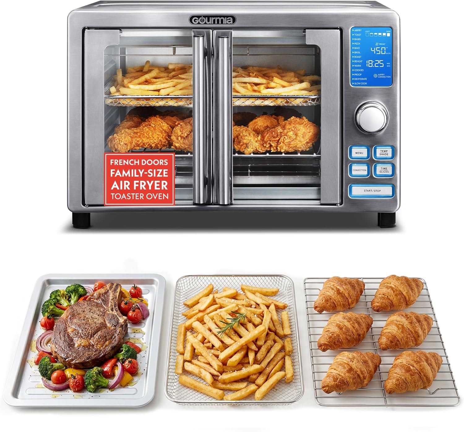 Gourmia Air Fryer French Door Toaster Oven – 6-Slice Capacity, LED Display with 14 Cooking Presets, Stainless Steel