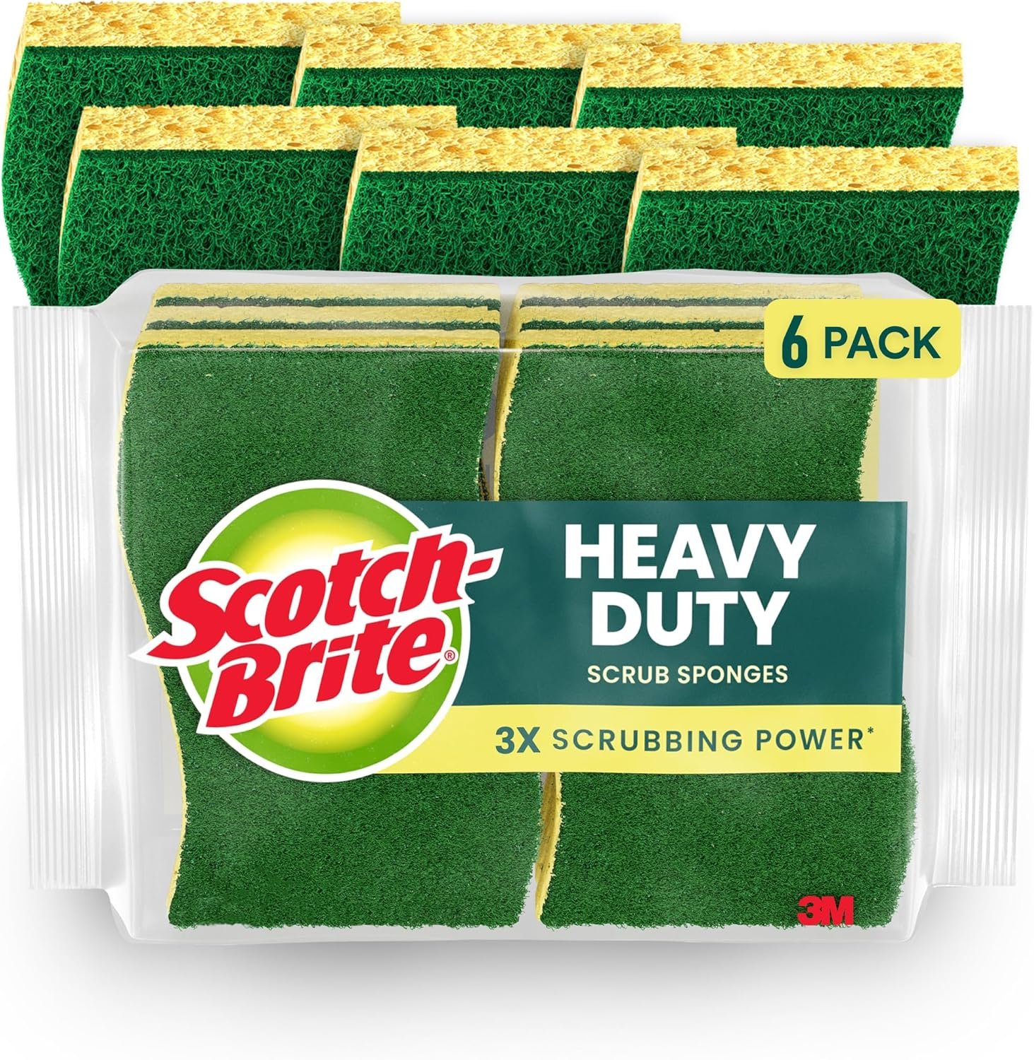 Scotch-Brite Heavy Duty Scrub Sponge, 6 Kitchen Sponges Designed for Tough Messes in the Kitchen that Last 3X Longer*, Best for Cast Iron Skillets and Outdoor Grills, Flexible, Durable, and Strong | Designed for Tough Messes, Last 3X Longer, Best for Cast Iron Skillets and Outdoor Grills, Flexible, Durable, and Strong