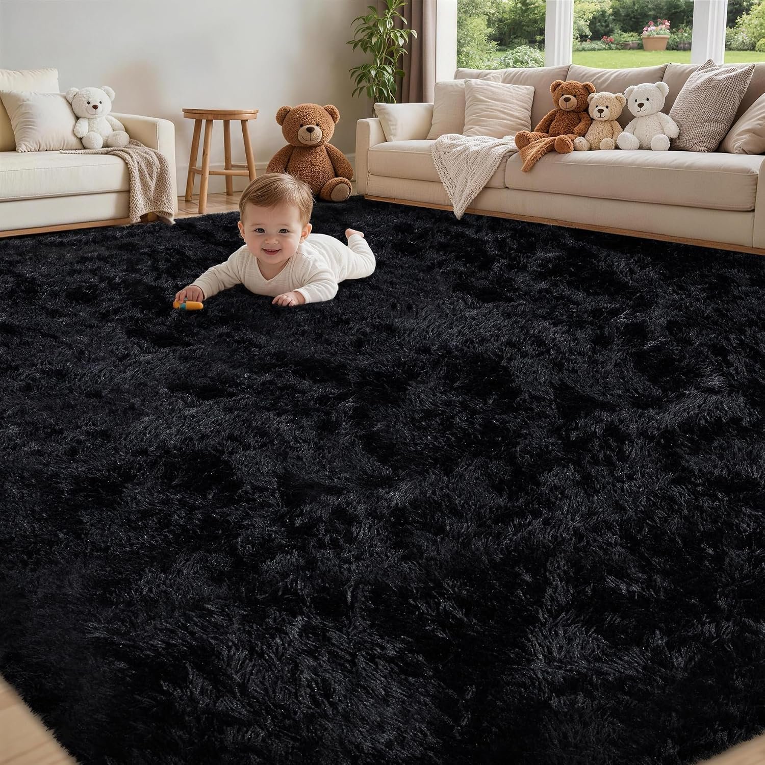 8×10 Area Rug for Living Room:Ultra Soft Fluffy Shag Black Rugs,Large Fuzzy Plush Indoor Non Slip Carpet Washable Rug for Bedroom Kids Nursery Office Dorm Modern Decor(Black)