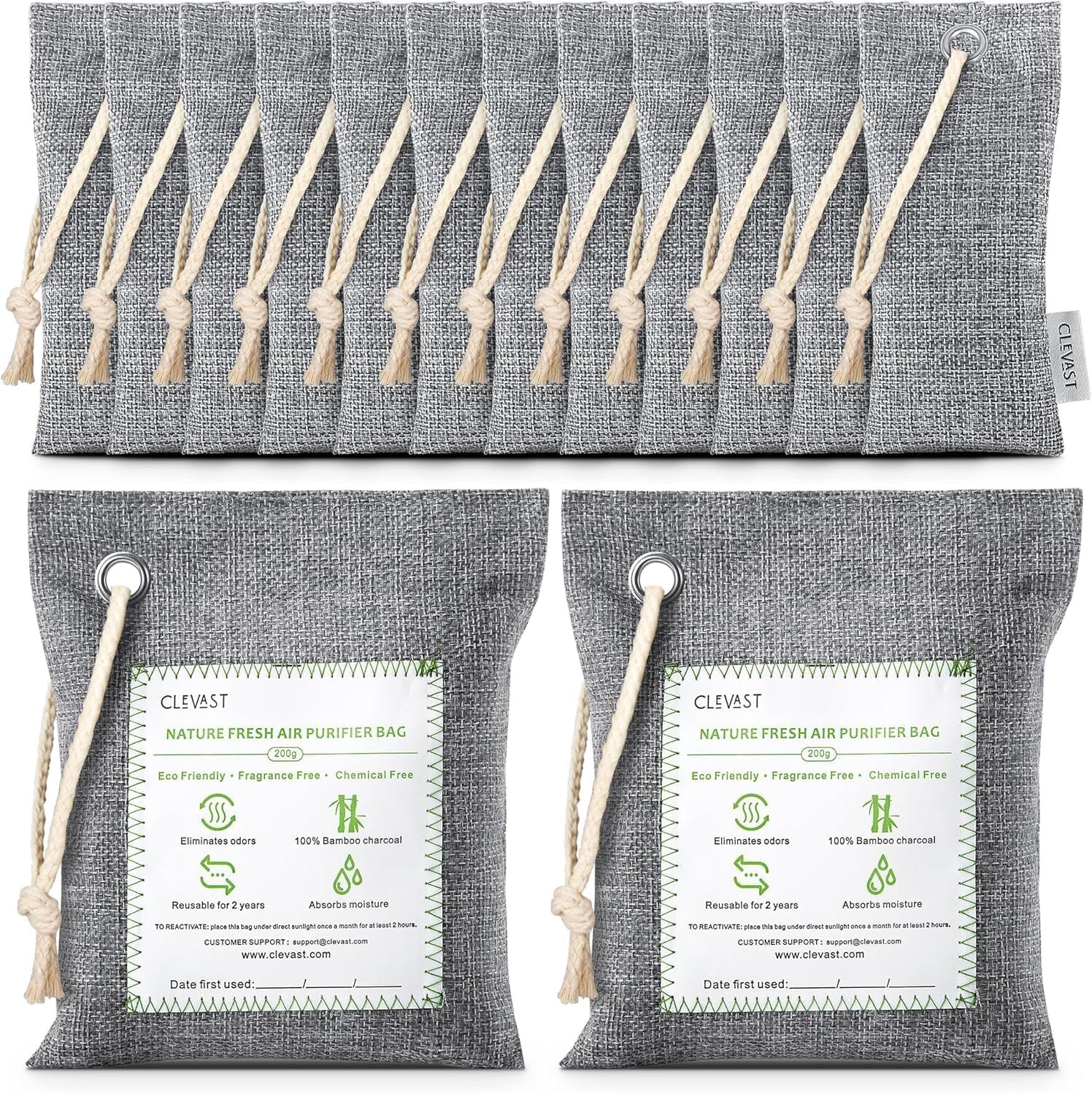 CLEVAST 14 Pack Activated Bamboo Charcoal Air Purifying Bags(2x200g, 12x50g), Natural Fresh Odor Absorber, Deodorizer and Moisture Eliminator, Air Purifier Bags for Home