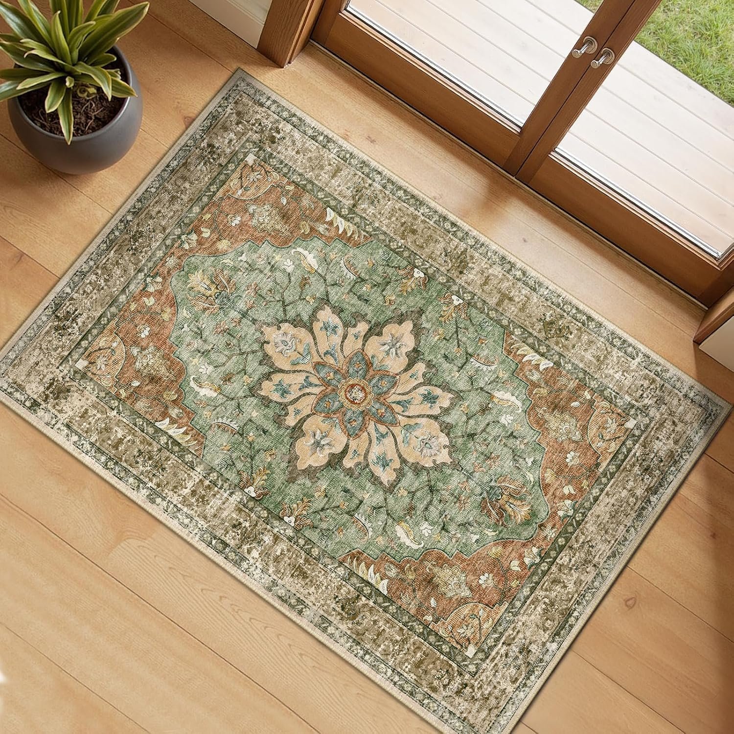 RELEANY Area Rugs Small 2’x3′ Washable Non-Slip, Floral Vintage Distress Medallion Carpet for Kitchen Entryway Bathroom, Terracotta Burnt Orange Green
