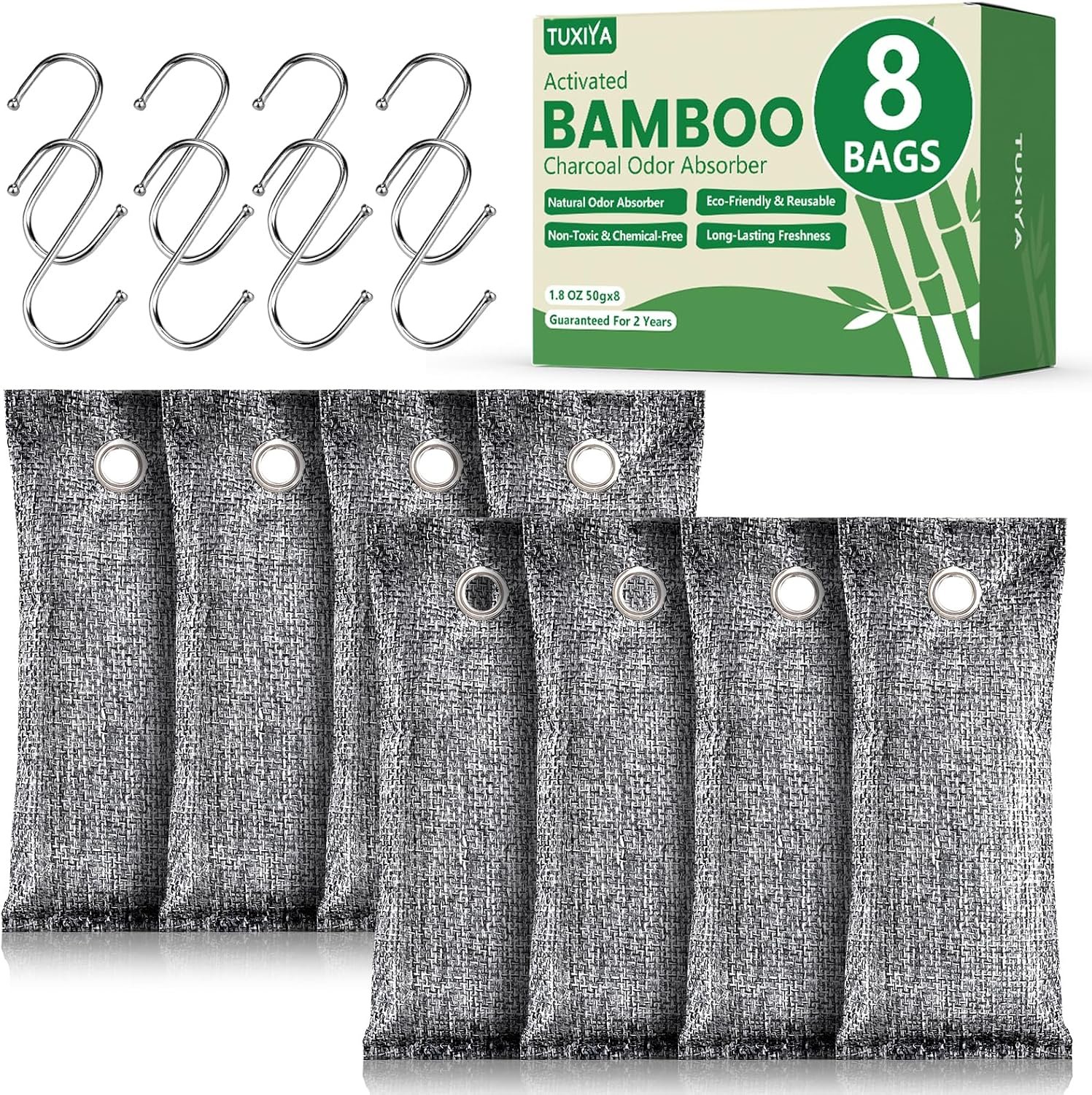 TUXIYA 8Pack Activated Charcoal Odor Absorber, Odor Eliminator for Strong 0dor,Shoe Deodorizer,Bamboo Charcoal Air Purifying For in Car,Closet,Shoe, Basement(50g/1.77oz Each)