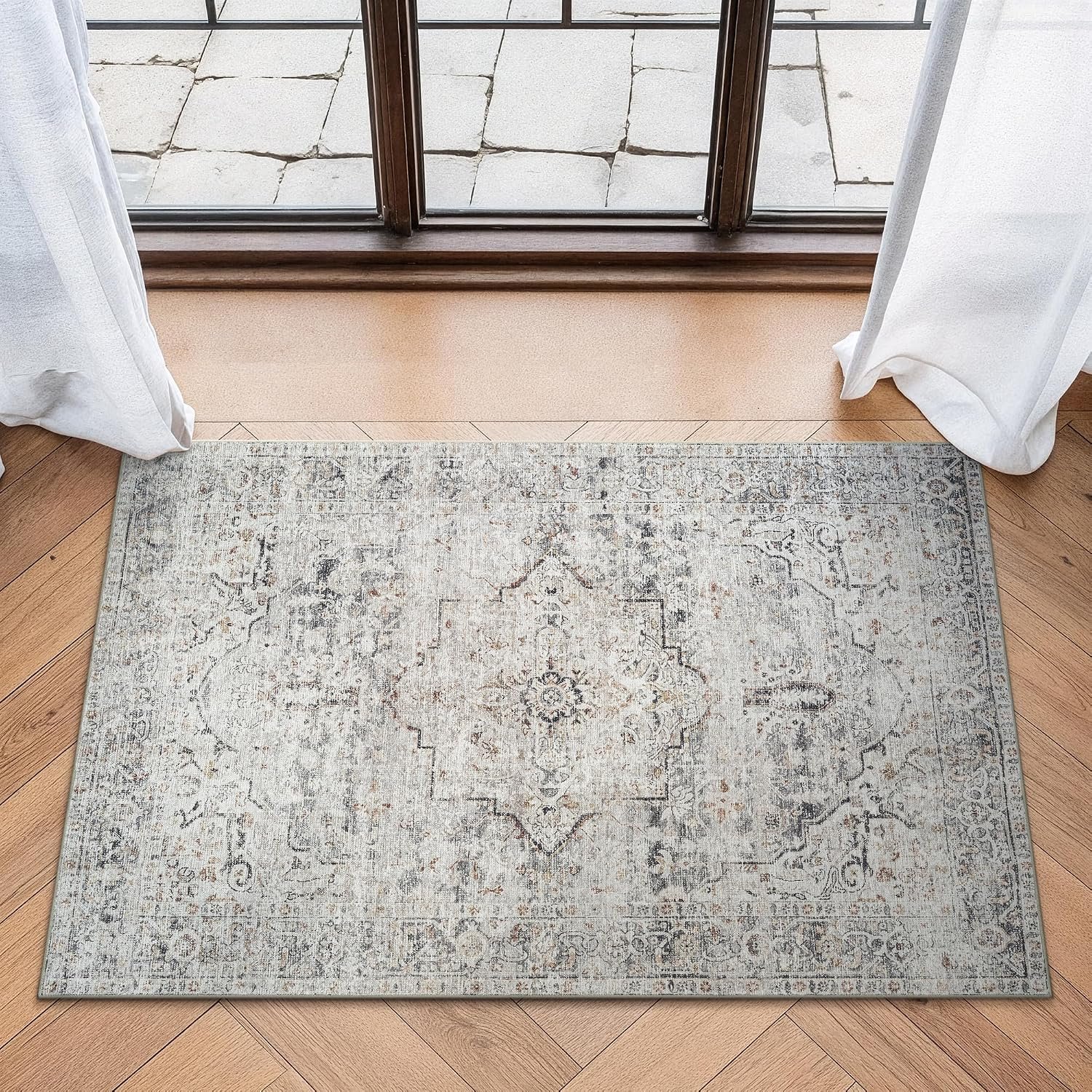 Bloom Rugs Washable Non-Slip 2×3 Rug – Ivory/Gray/Caramel Traditional Oriental Area Rug for Living Room, Bedroom, Dining Room, and Kitchen – Exact Size: 2′ x 3′