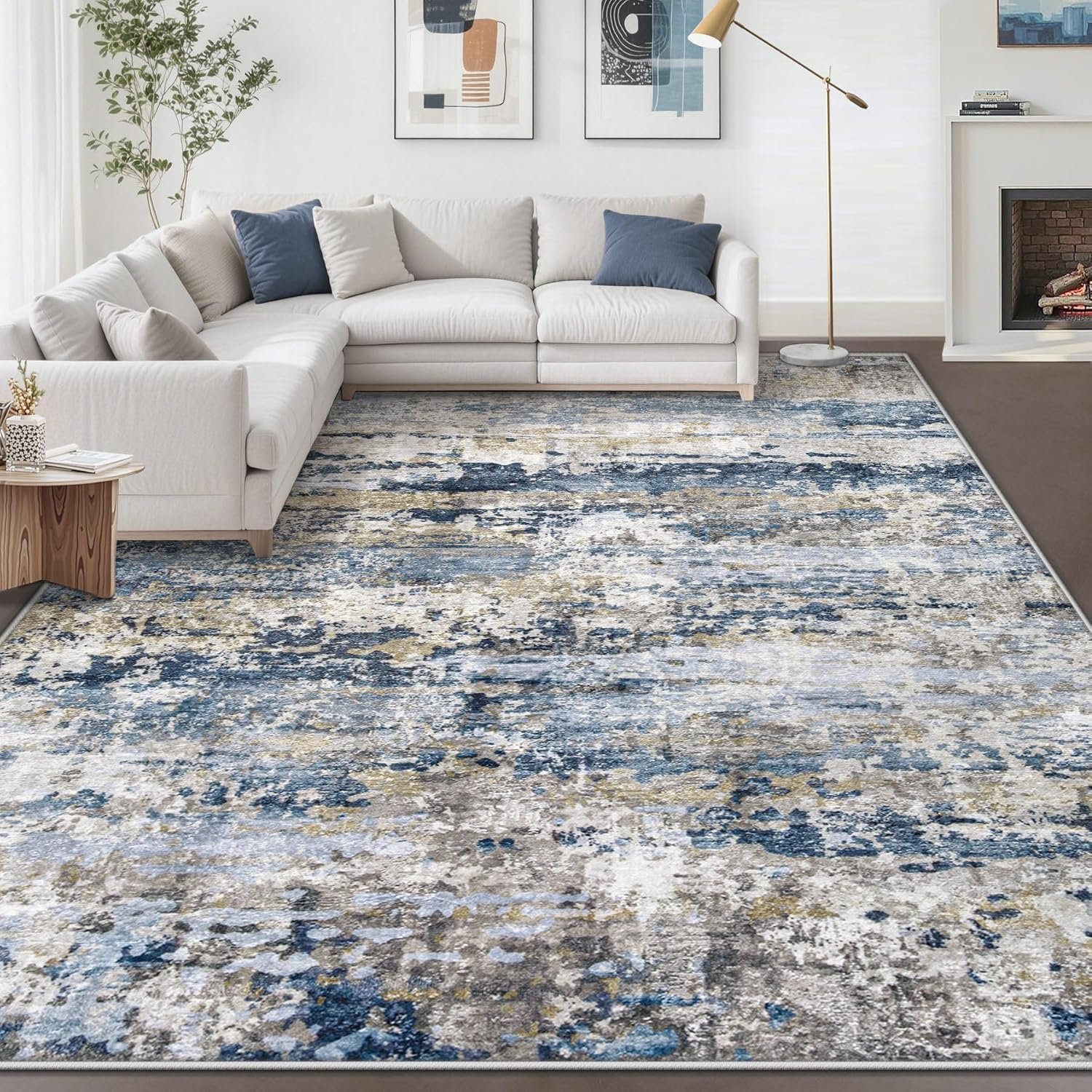 pmtsns Area Rugs 8×10 for Living Room: Washable Rug Modern Abstract Neutral Soft Non-Slip Low-Pile Indoor Large Carpet for Bedroom Dining Room Playroom Home Office (Blue Grey Brown, 8’x10′)