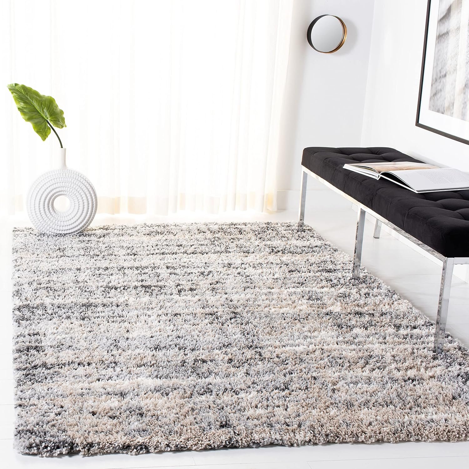 SAFAVIEH Fontana Shag Collection Area Rug – 6’7″ x 9′, Grey & Ivory, Modern Design, Non-Shedding & Easy Care, 2-inch Thick Ideal for High Traffic Areas in Living Room, Bedroom (FNT856G)