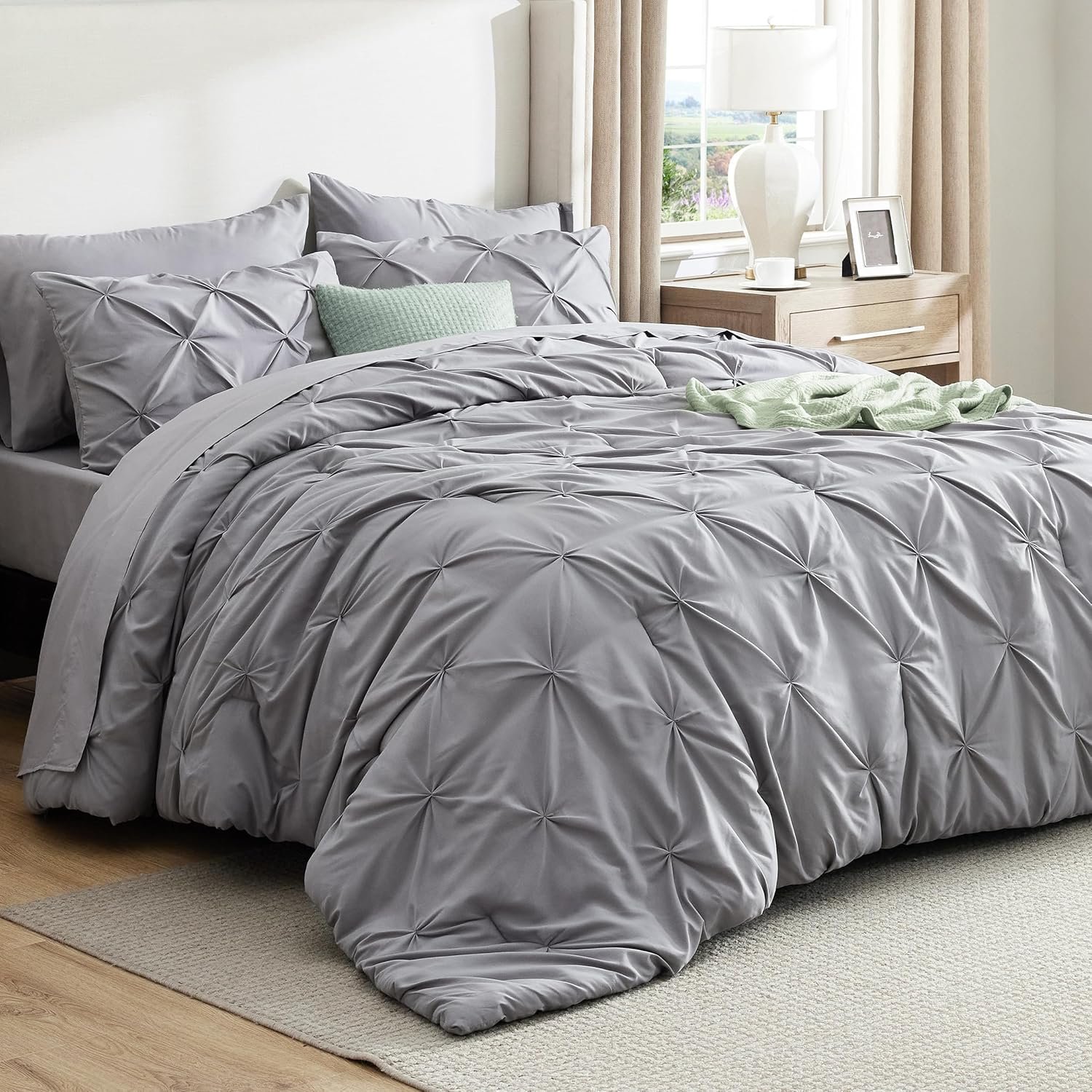 Bedsure Queen Comforter Set Grey – Bed in a Bag Queen Size Bedding 7 Pieces, GentleSoft™ Pintuck Bed Set Gift for Family, All Season Down Alternative Comforter with Sheets, Pillowcases & Shams