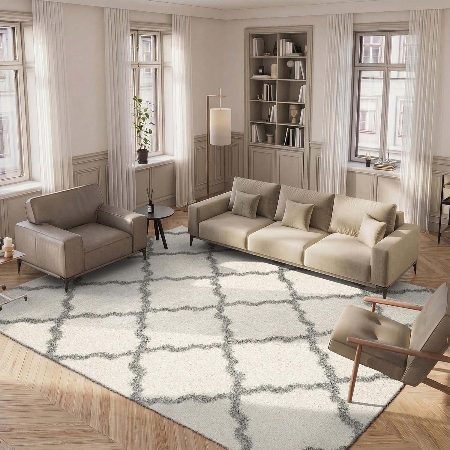 SAFAVIEH Dallas Shag Collection Area Rug – 5’1″ x 7’6″, Ivory & Grey, Trellis Design, Non-Shedding & Easy Care, 1.5-inch Thick Ideal for High Traffic Areas in Living Room, Bedroom (SGD257F)