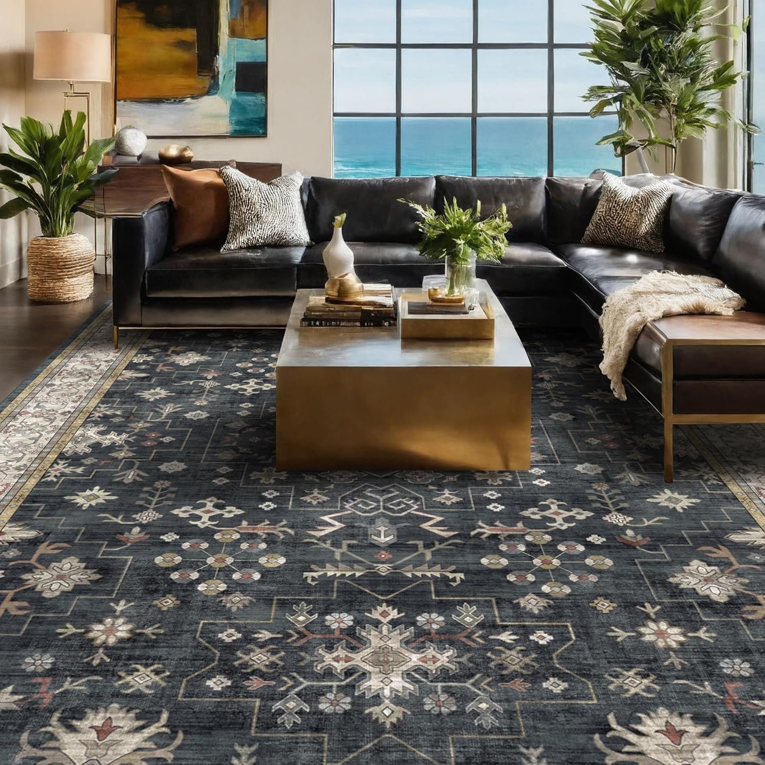 Black Farmhouse Washable 8×10 Area Rugs for Living Room, Bedroom, Dining Room Kitchen Table Rug for Under Table, Office, Dark Charcoal Tumble Stain Resistant Non-Slip Large Washable (8×10 Black/Multi)