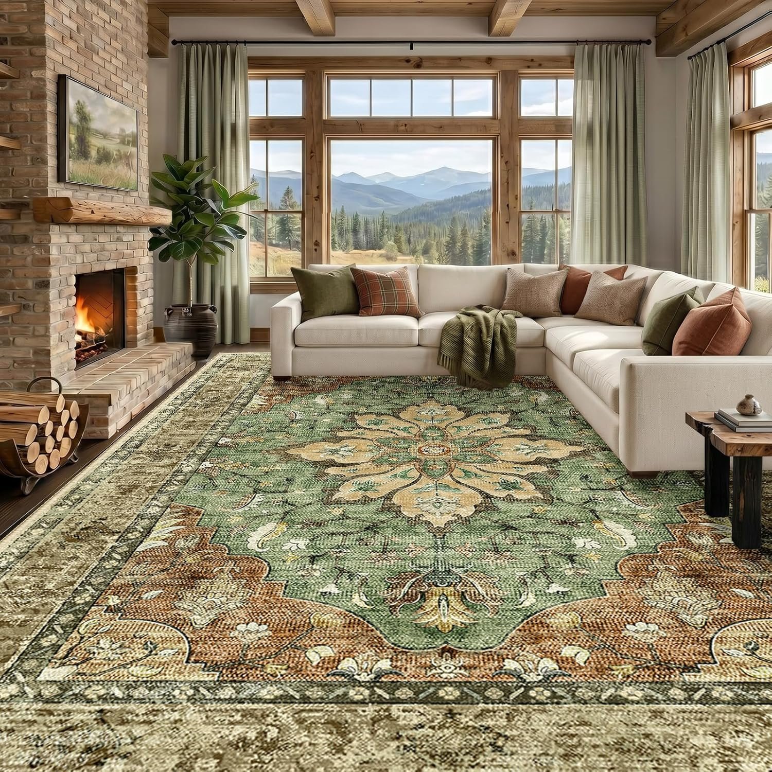RELEANY Area Rugs Large 9’x12′ Washable Non-Slip, Floral Vintage Distress Medallion Carpet for Living Room Bedroom Dining Room, Terracotta Burnt Orange Green