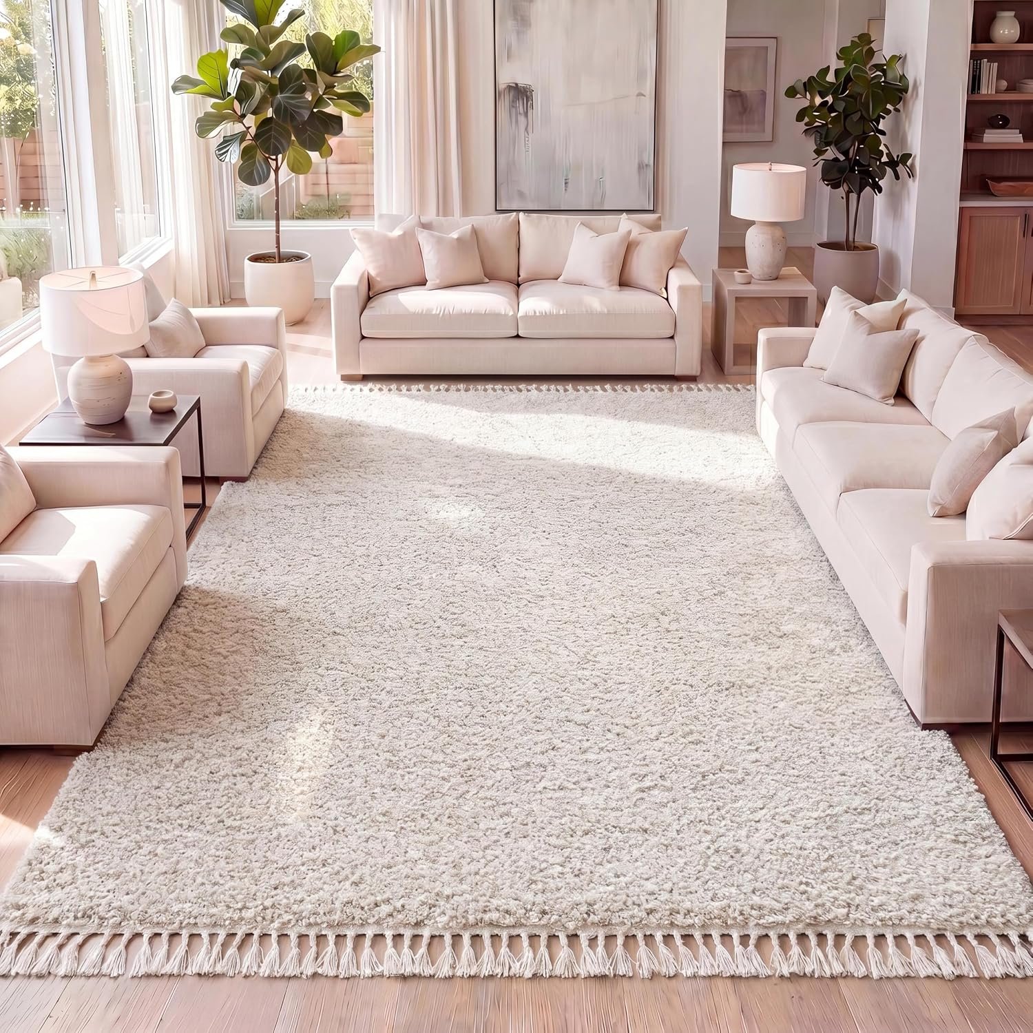 JONATHAN Y Mercer Shag Plush Tassel Cream Indoor Area Rug, 3×5, Contemporary, Modern, Easy-Cleaning for Living Room, Bedroom, Kitchen, Pet Friendly, Non-Shedding (MCR100D-3)
