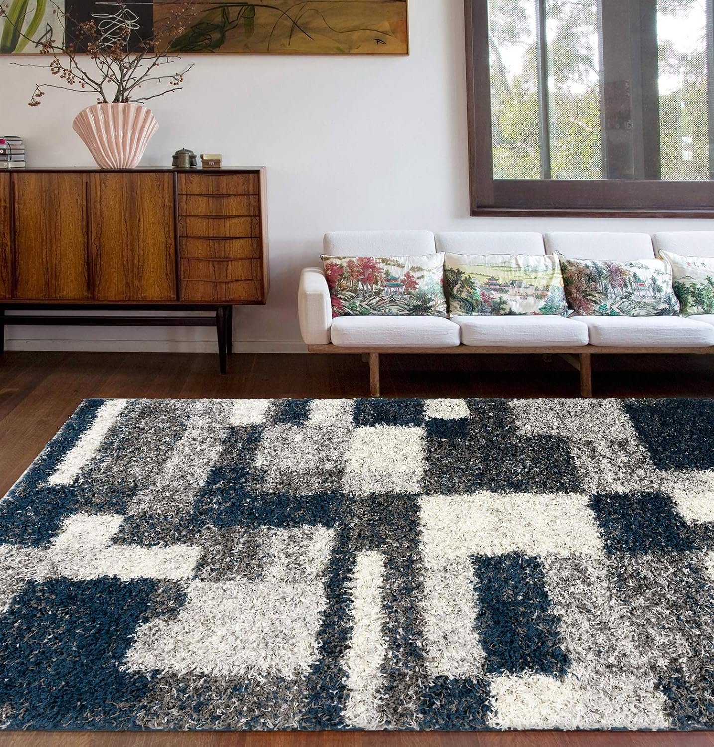Rugshop Navy Distressed Modern Boxes Plush Shag Area Rug — Non-Shedding Soft for Living Room, Dining Room and Office, 7’10” x 10′