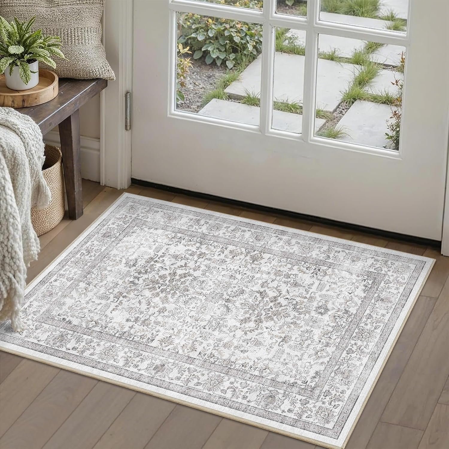 2×3 Gray Entryway Rug Non Slip Washable Area Rug Soft Vintage Boho Throw Rug Retro Distressed Floral Carpet Indoor Farmhouse Decor Low Pile Small Door Mat for Kitchen Bathroom Bedroom Laundry Office