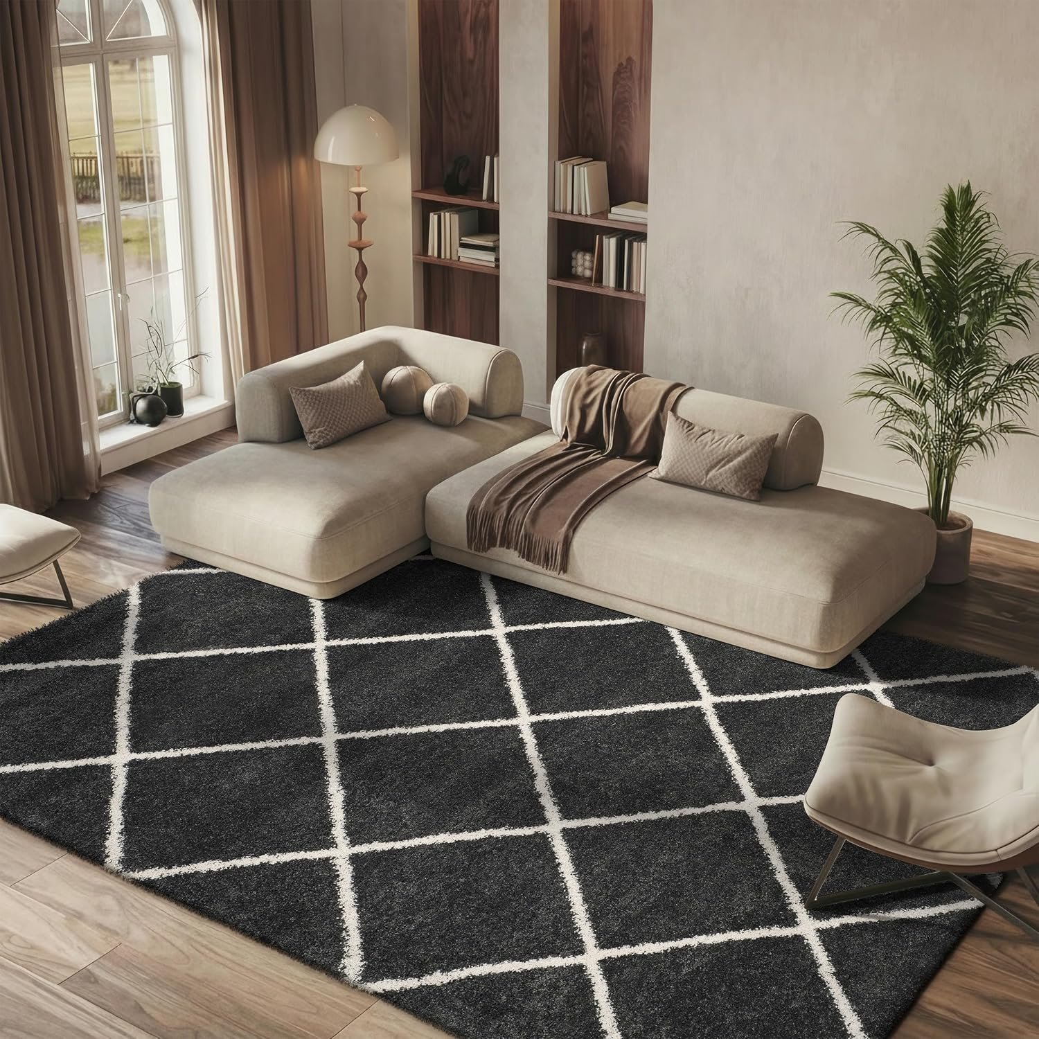 SAFAVIEH Hudson Shag Collection Area Rug – 5’3″ x 7’6″, Dark Grey & Ivory, Modern Trellis Design, Non-Shedding & Easy Care, 2-inch Thick Ideal for High Traffic Areas in Living Room, Bedroom (SGH281G)