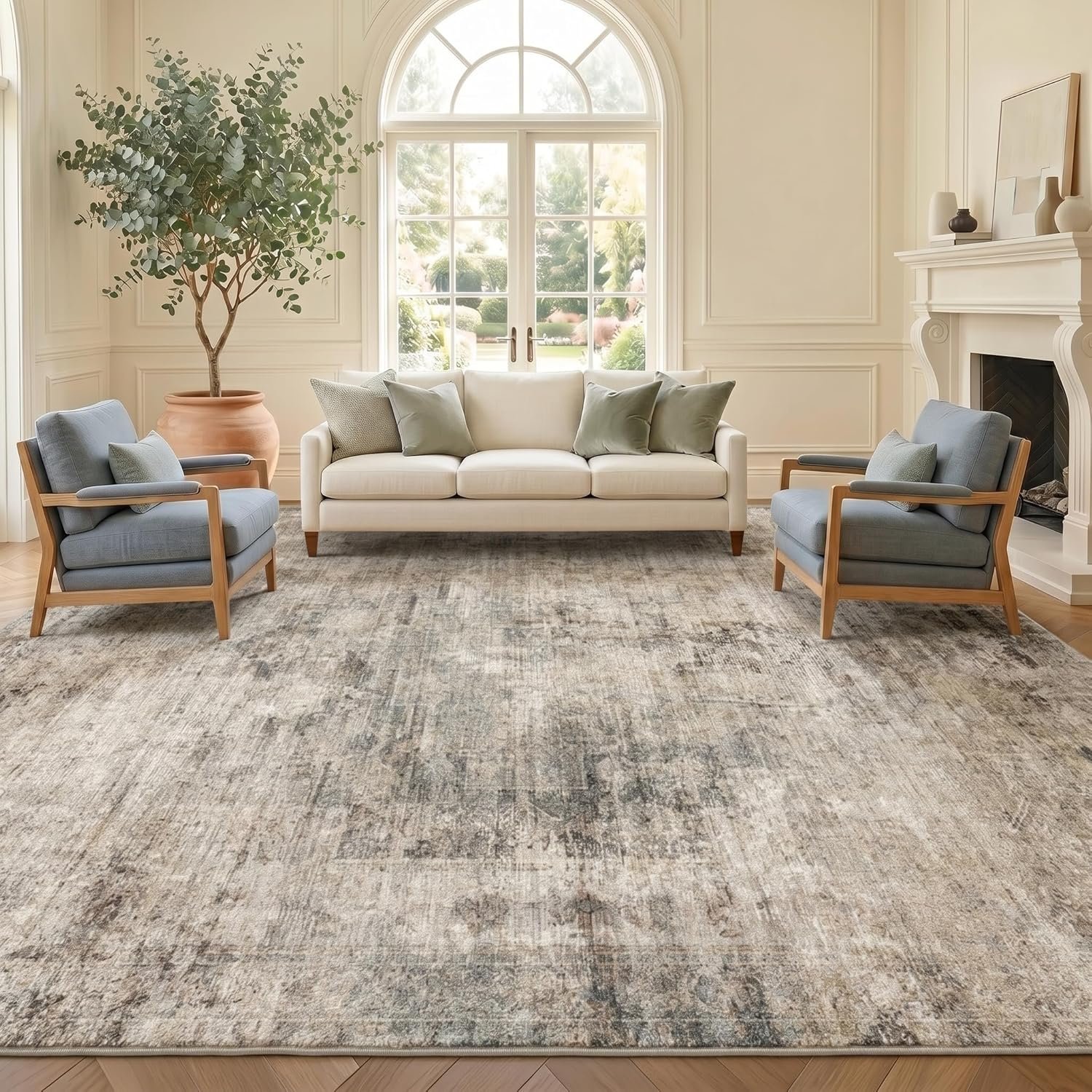 Farmhouse 8×10 Washable Area Rugs for Living Room, Neutral Taupe Brown Abstract Rug for Dining Room and Bedroom, Soft Foldable Low Pile Carpet, Stain Resistant Non-Slip Backing