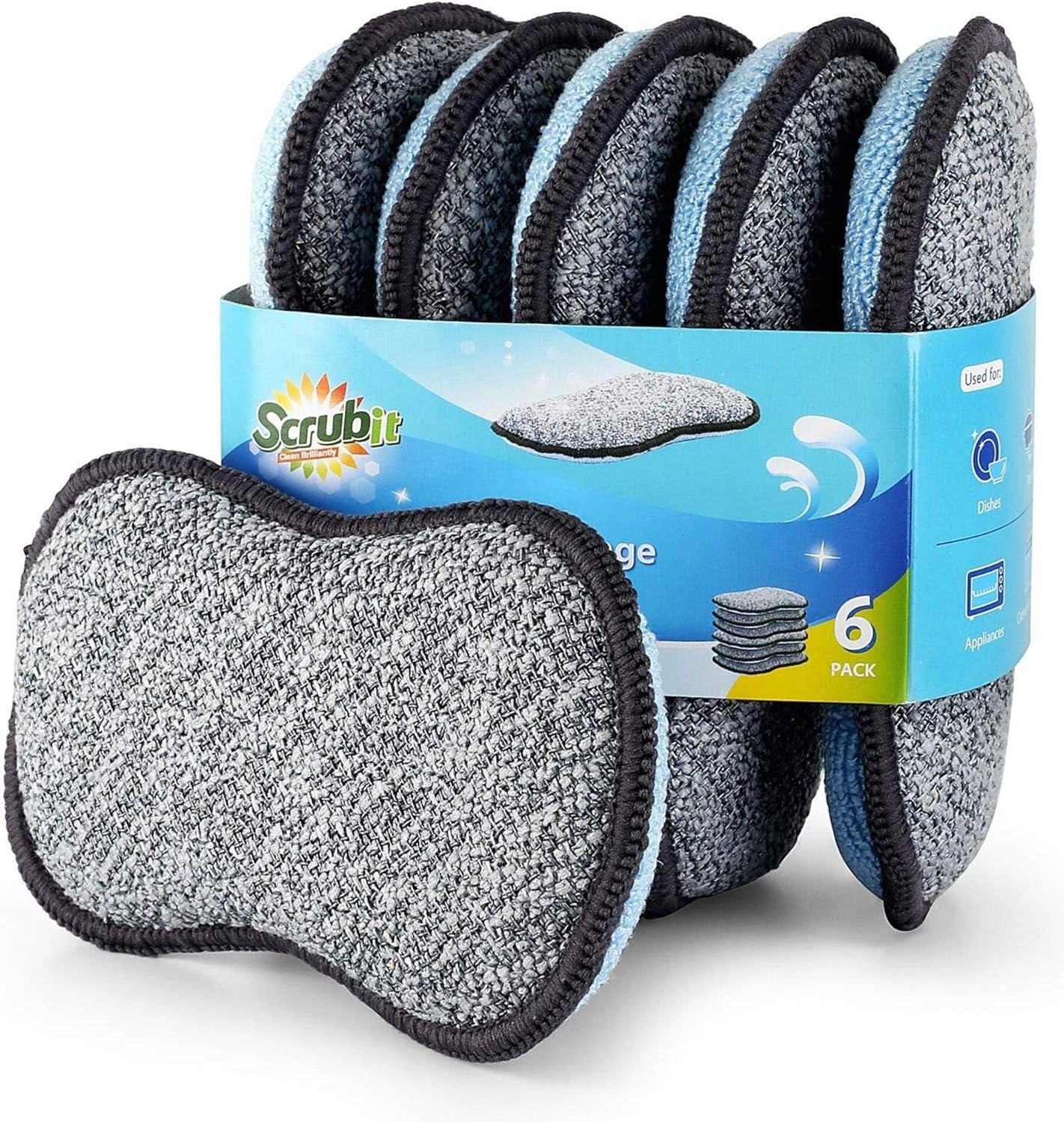 Multi-Purpose Sponges Kitchen By Scrub-it – Non-Scratch Microfiber sponges for Cleaning, Along with Heavy Duty Scrubbing Power – Reusable Dish Sponge for Dishes, Pots and Pans (6 Pack, Small)