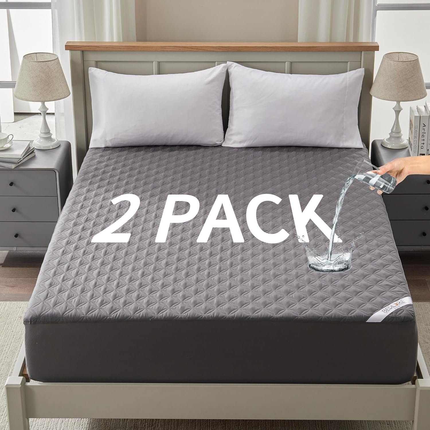 2 Pack Waterproof Mattress Protector, Queen Size Mattress Pad Noiseless with Deep Pocket Fitted for 6″-18″, Soft Breathable Dirt-Proof Bed Mattress Cover Washable for Home, Bedroom, Hotel (Gray)