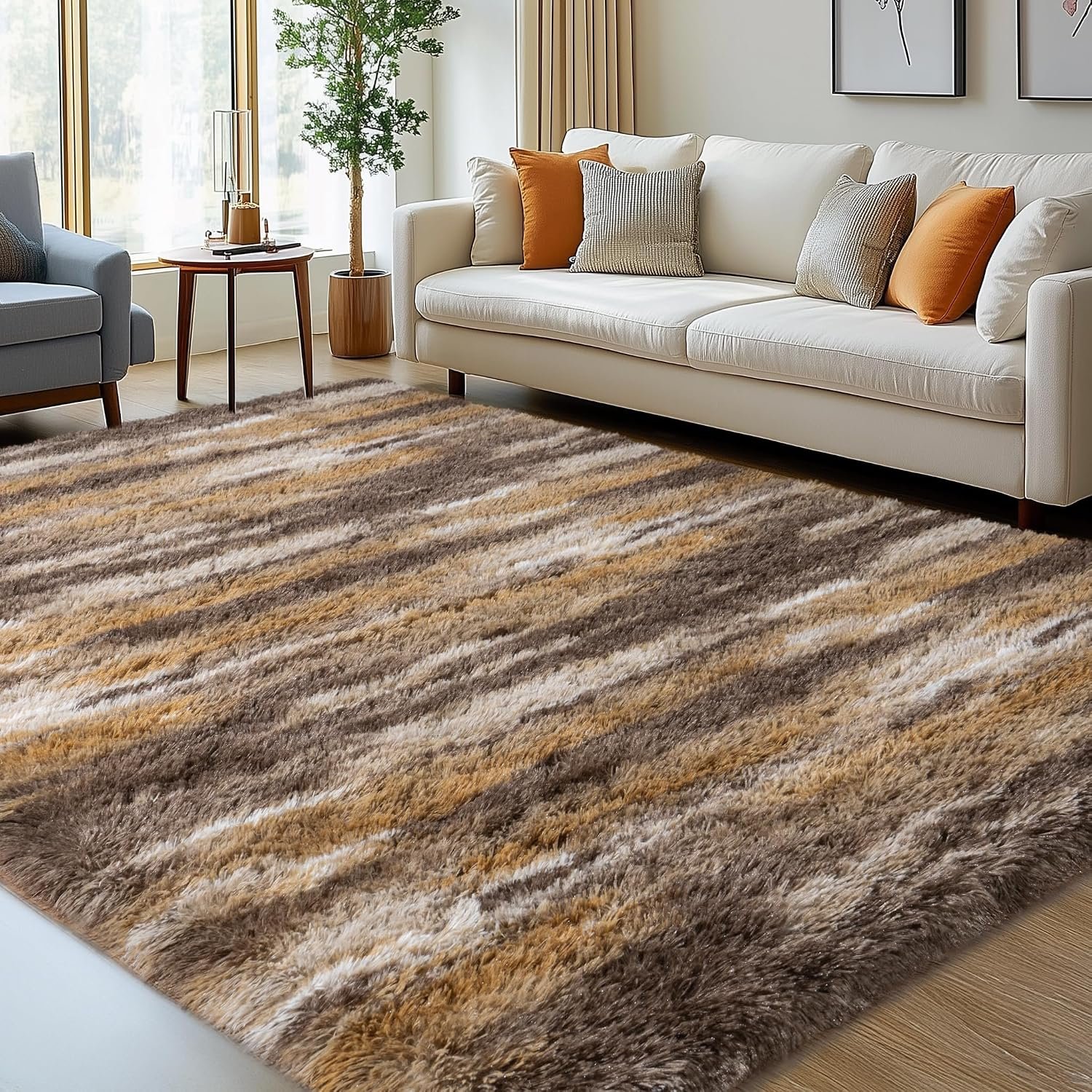 Fluffy Rugs for Living Room, 6×9 Ft Abstract Brown Shag Area Rug, Soft Large Shaggy Rugs for Bedroom Dorm Kids Room Nursery, Non-Slip Modern Fuzzy Plush Carpet for Indoor Home Decor