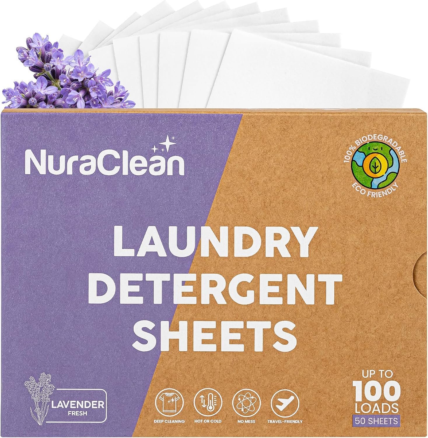 Laundry Detergent Sheets – Lavender, 50 Sheets, 100 Loads | Lavender laundry detergent sheets, up to 100 loads. HE compatible, hypoallergenic, plastic-free and eco-friendly. 50 sheets.