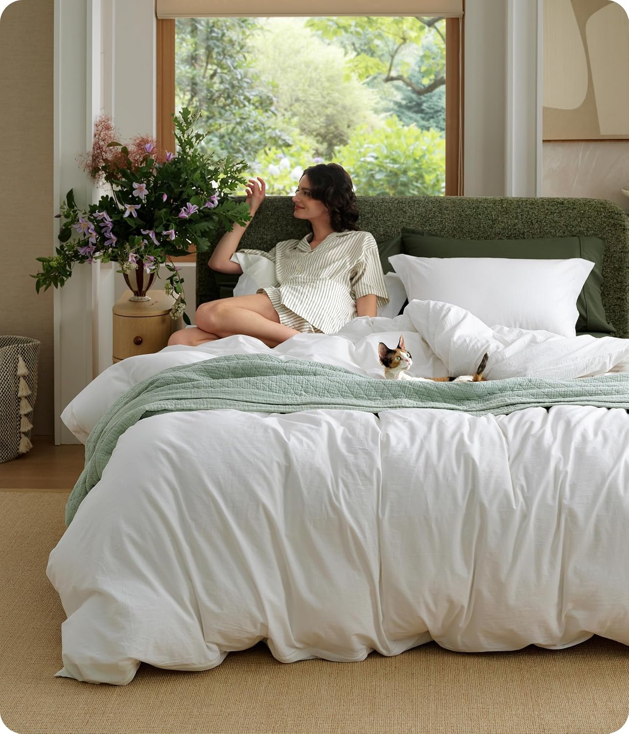 Bedsure 100% Washed Cotton Duvet Cover King Size – Natural White Minimalist Bedding Set Linen Like – PureWoven Plain Simple & Soft Comforter Cover for All Seasons (Natural White, King, 104″x90″)