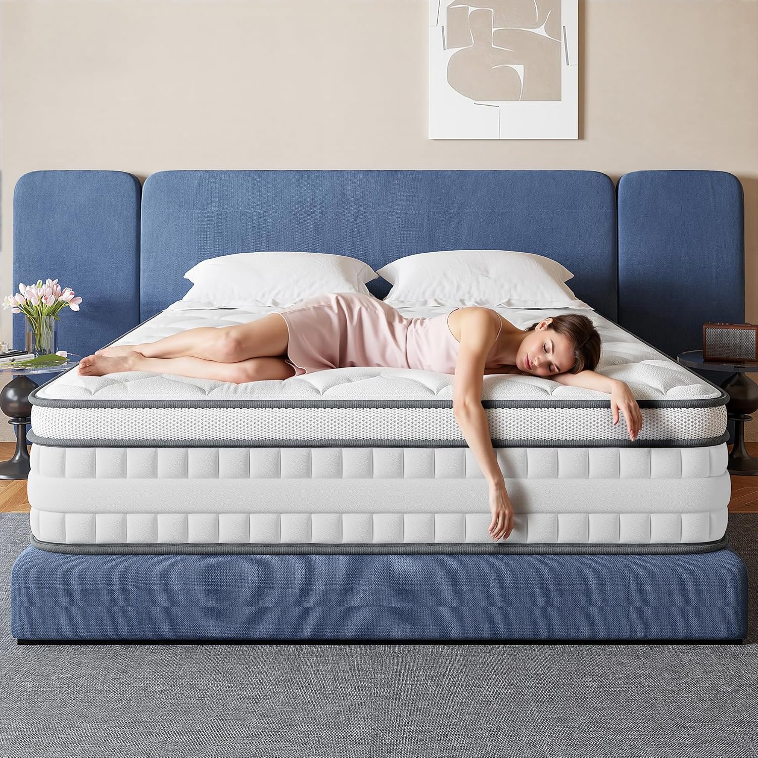 Homkdom Queen Size Mattress, 14 Inch Hybrid Queen Mattress in a Box, Memory Foam and Zoned Support Spring for Pressure Relief & Motion Isolation, Fiberglass Free, Medium Firm, CertiPUR-US Certified