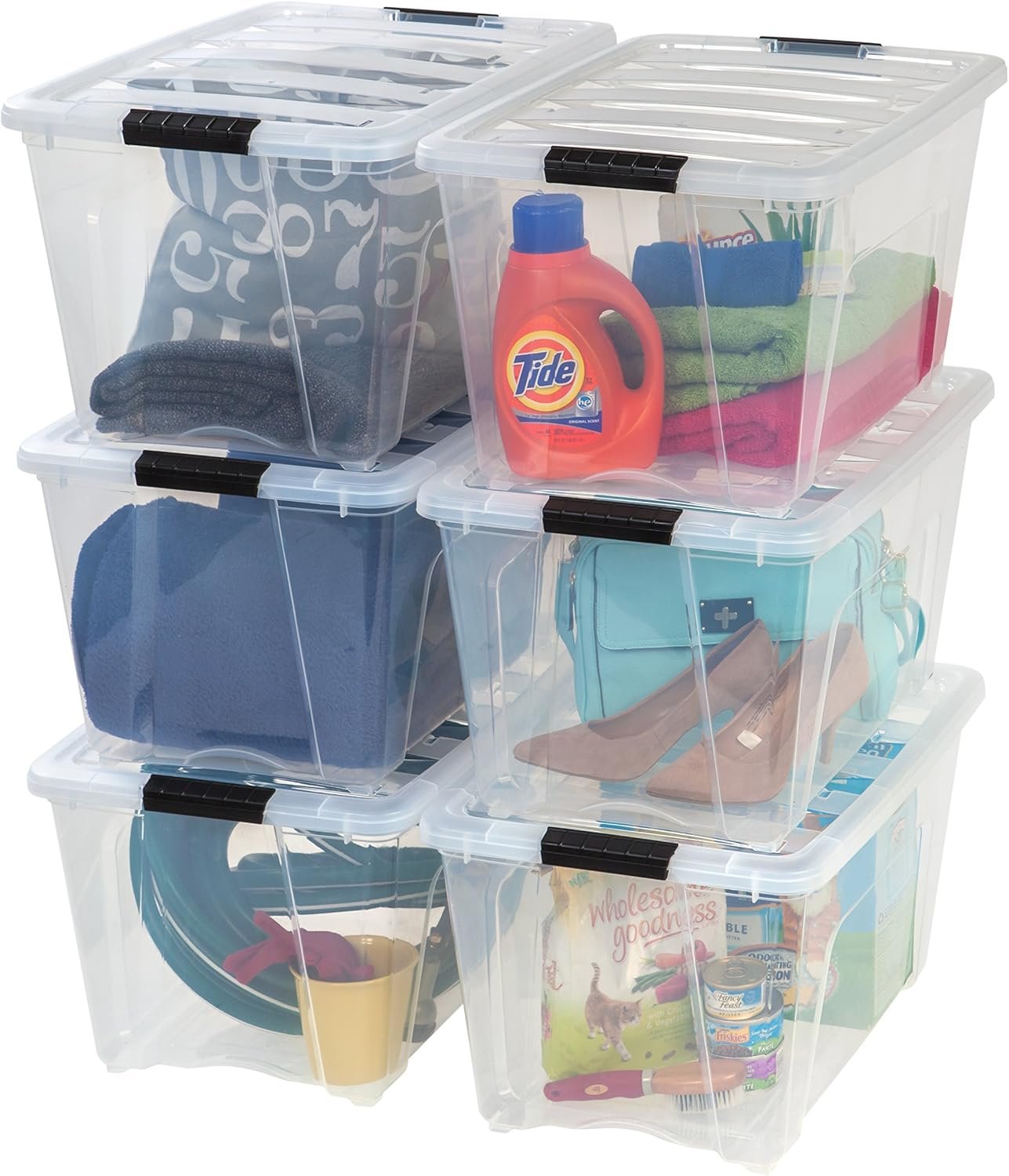 IRIS USA 54 Qt Stackable Plastic Storage Bins with Lids, 6 Pack – BPA-Free, Made in USA – See-Through Organizing Solution, Latches, Durable Nestable Containers, Secure Pull Handle – Clear