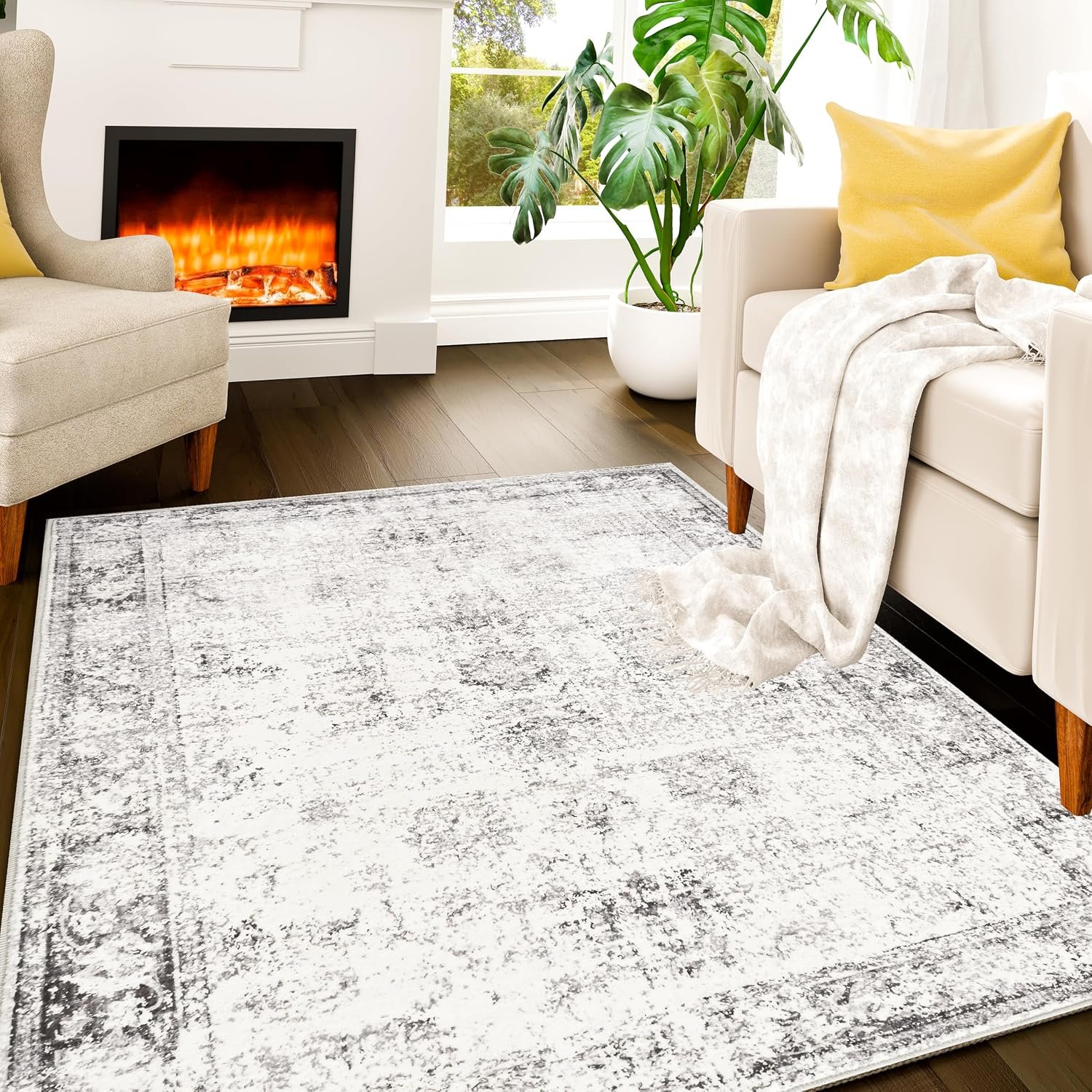 Grey & Beige 3×5 Area Rug – Kid & Pet Friendly, Washable – Istana